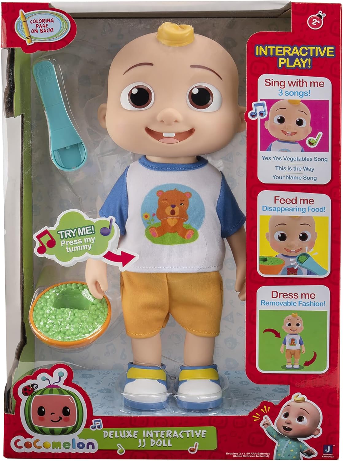 CoComelon Deluxe Interactive JJ Doll - Includes JJ, Shirt, Shorts, Pair of Shoes, Bowl of Peas, Spoon - Toys for Preschoolers