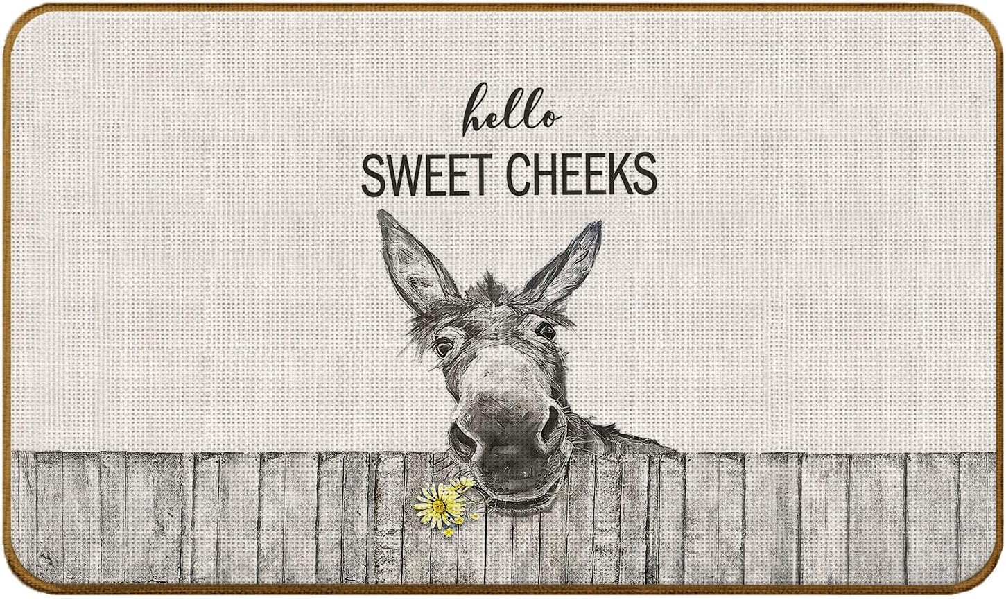 Hello Sweet Cheeks Bathroom Decor, Donkey Doormat, Funny Western Funny Donkey Doormat for Farmhouse Bathroom Restroom Washroom Decor,17×30inch