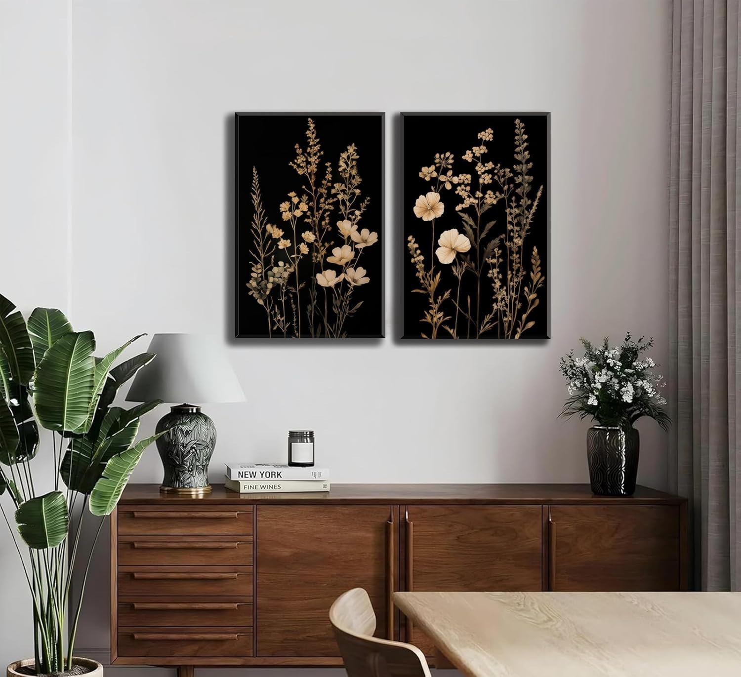 2Psc Dark Botanical Wall Art Vintage Black Flower Painting Picture Wall Decor Moody Flower Poster Print Artwork for Living Room Bedroom or Office Home Decoration 16x24 Inch