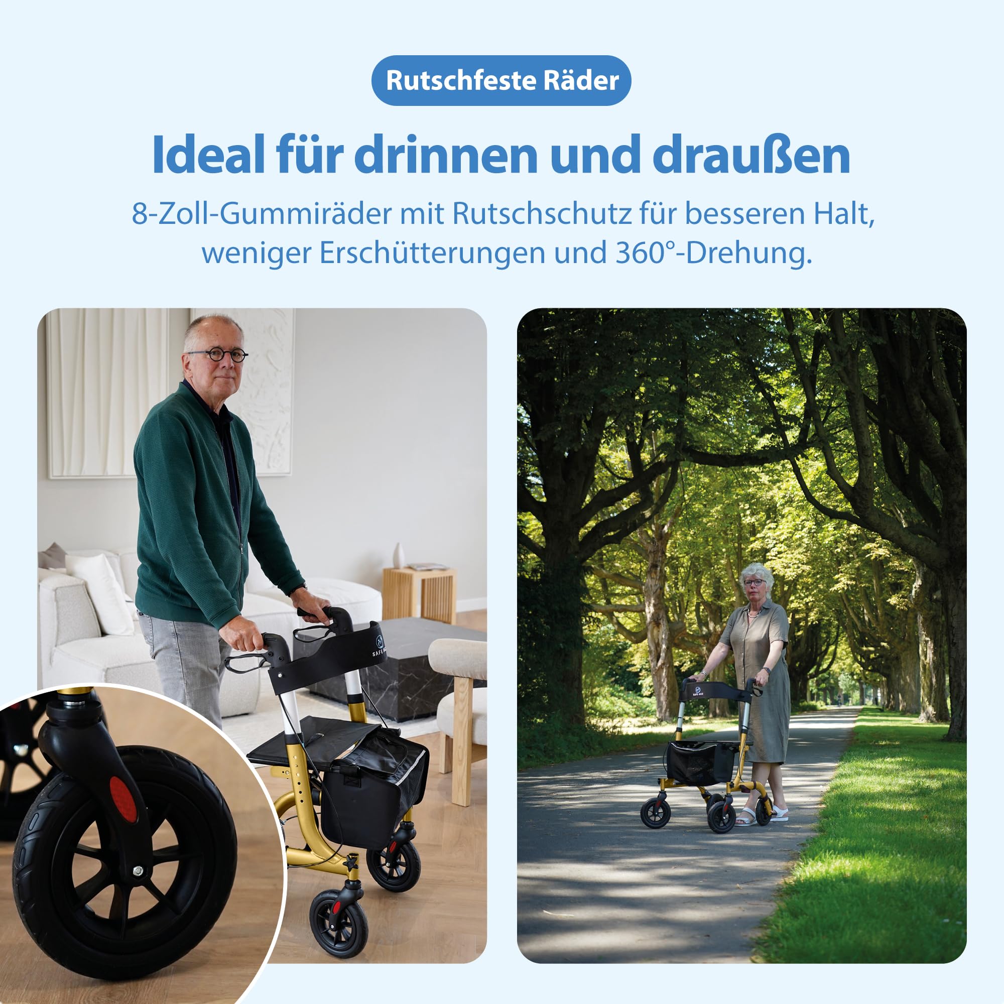 Safe Age Rollator faltbar und leicht mit Sitz - Gehhilfe für Senioren, Rollator für die Wohnung Indoor & Outdoor - mit Rückenlehne und Gehstockhalter