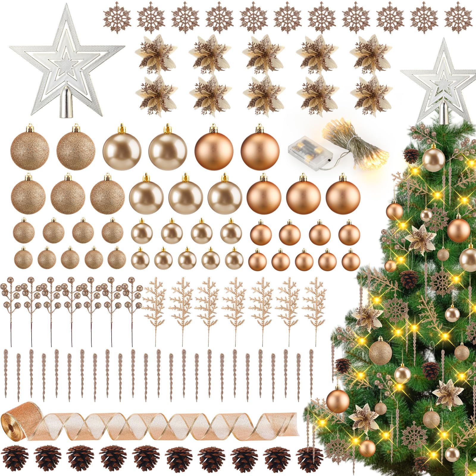 Canlierr Lot de 145 décorations de sapin de Noël avec guirlande lumineuse assorties incassables – Décorations à paillettes, poinsettia, flocons de neige, baies, tiges – Décoration pour sapin de Noël