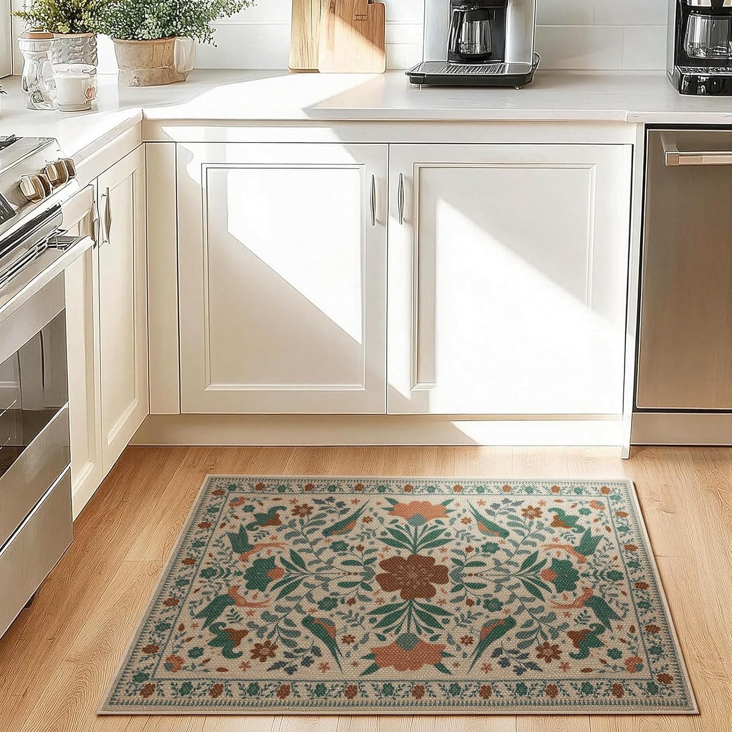 Easy Jute Floral Entryway Rug, 2x3 Washable Non-Slip Indoor Outdoor Doormat, Boho Floral Bird Small Area Rug for Kitchen Entrance Bedroom Bathroom, Beige