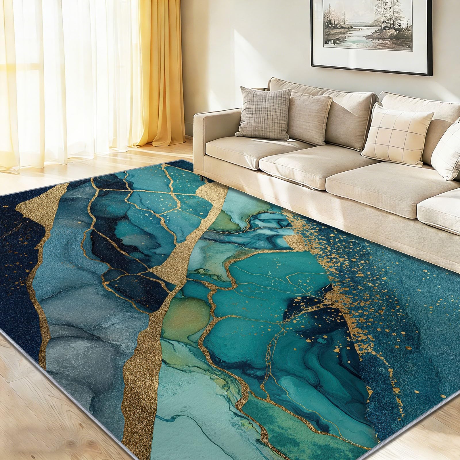 Tapis poils courts 60x90 cm multicolore abstrait marbré chic pour salon