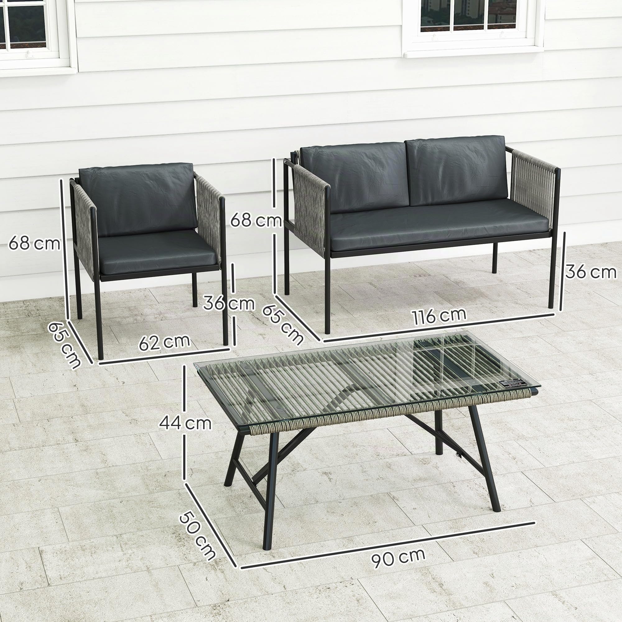 Outsunny Gartenmöbel Set aus Polyrattan mit 2er Sofa für 4 Personen Grau | Lounge-Set, Sessel, Glastisch, Kissen, Wetterfest, Balkonmöbel, Outdoor Sitzgruppe, Terrassenmöbel, für Garten Balkon