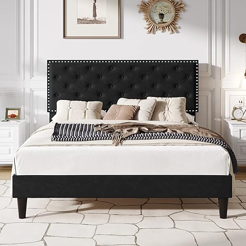 Miniatura 23 de SHA CERLIN Base de cama de terciopelo tamaño Queen con cabecera ajustable, botón de diamante y decoración de remaches, no necesita somier, color