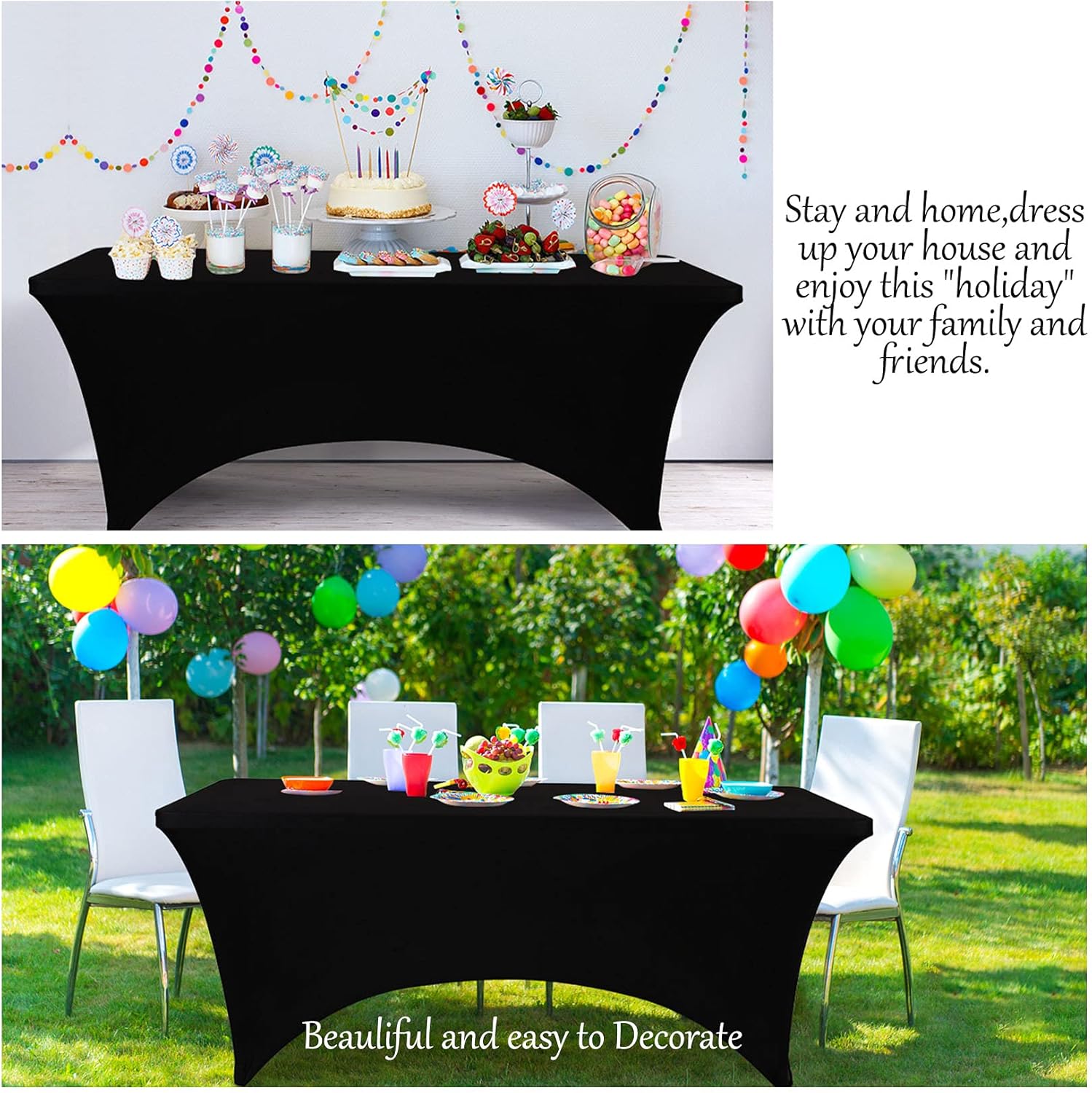 Table Covers for 6 Foot Tables, Black Washable and Wrinkle Resistant Stretch Tablecloths Rectangle 6ft for Events, Wedding, Banquets, Parties