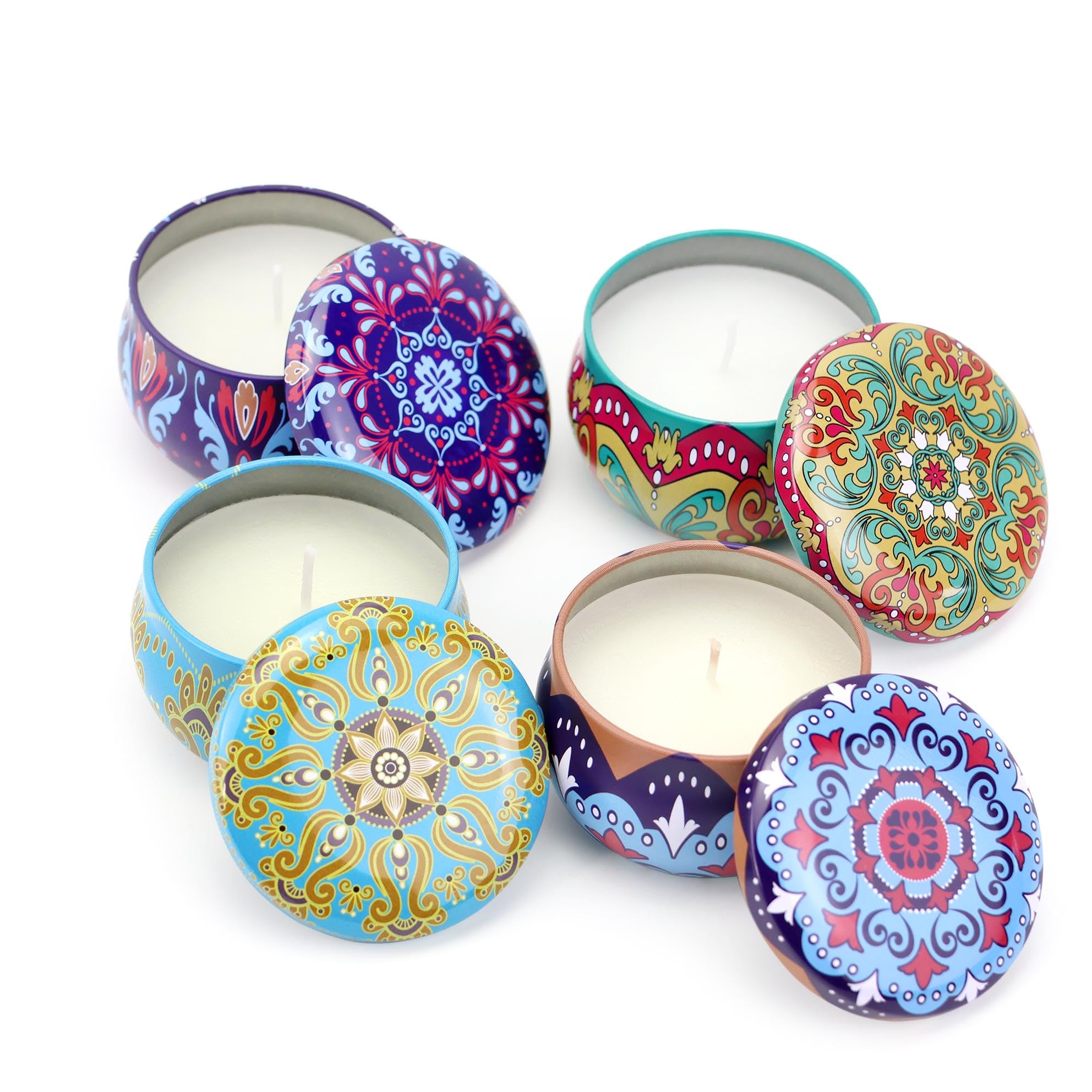 Pack de 6 a 30 uds, Velas aromáticas, diseño mandala oriental en lata metálica, 6 x 4 cm, Colores surtidos, Detalles para invitados, Regalantes (24)
