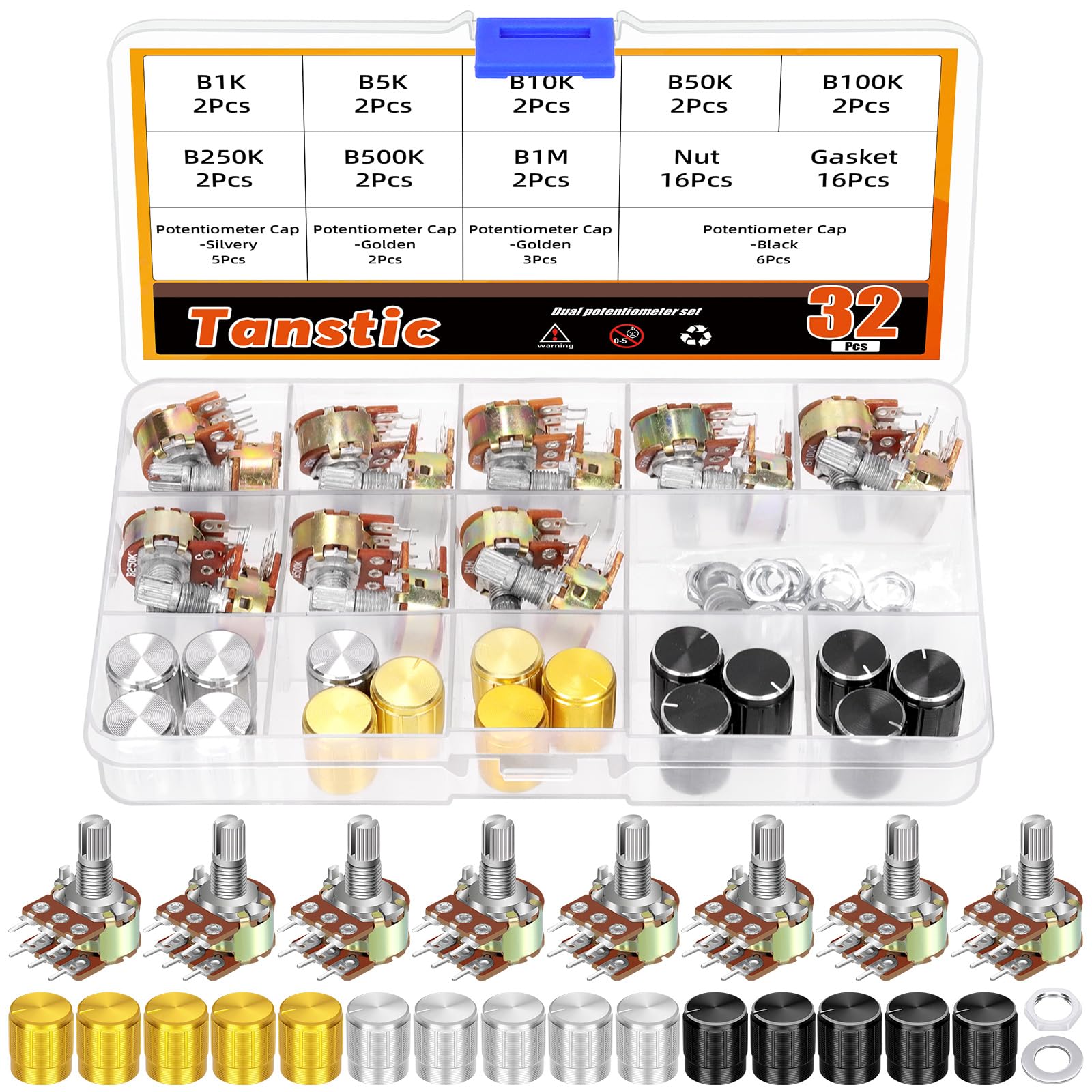 Tanstic 16 Sets B1K-B1M Potentiometer Linear Taper Rotary Po