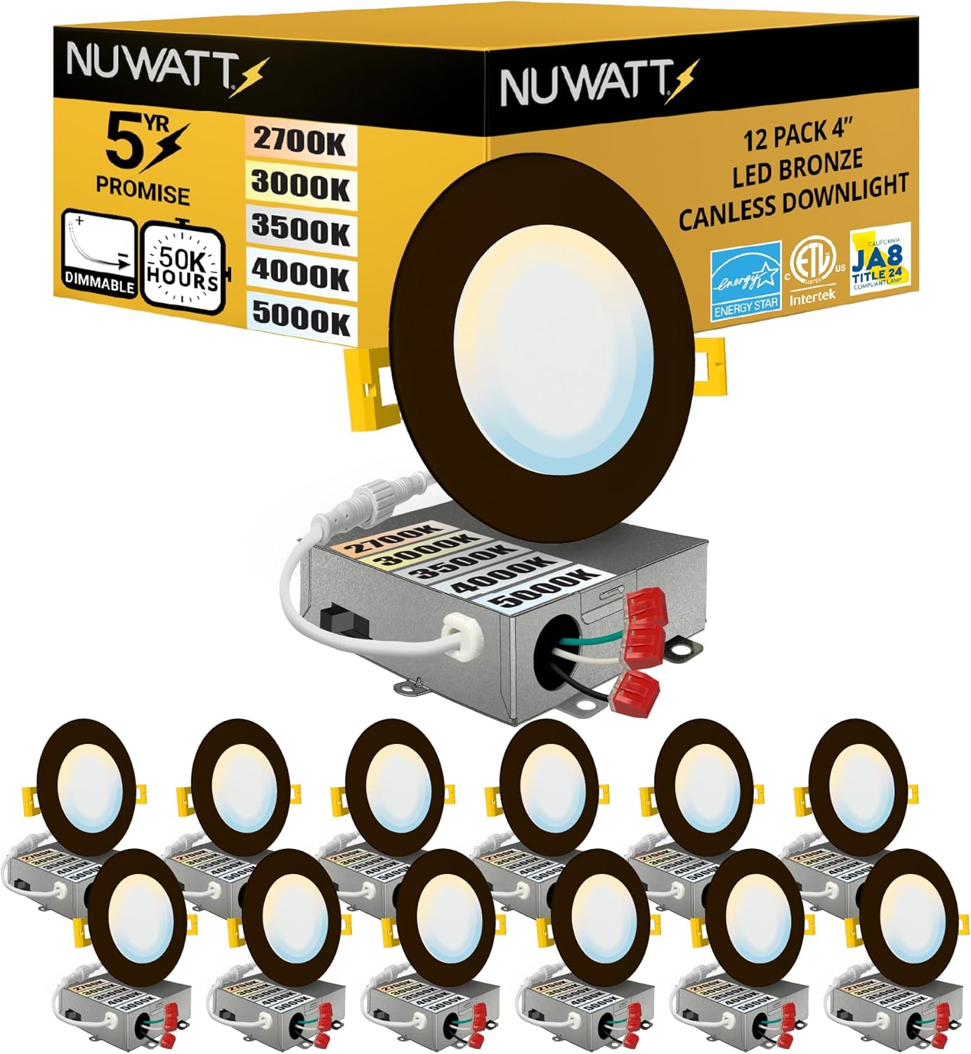 NUWATT 12 Pack 4 Inch Ultra-Thin Bronze LED Recessed Lighting, 5CCT 2700K/3000K/3500K/4000K/5000K Selectable, 630 Lumens, IC Rated, Dimmable Canless Wafer Light, Slim Panel Light, Metal J-Box, ETL