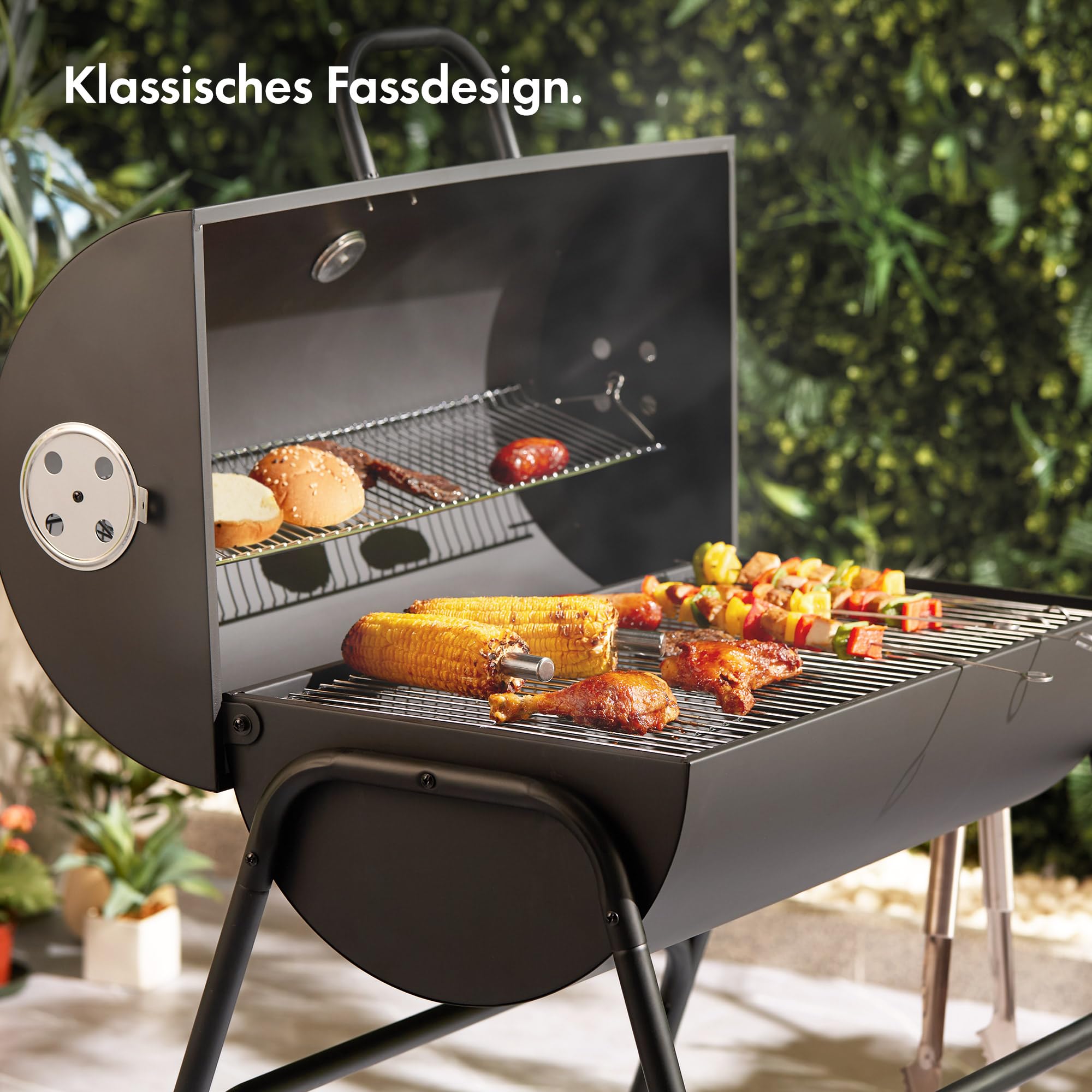 VonHaus Holzkohlegrill mit Deckel, W70 x D35cm Grillrost | Tragbarer BBQ Grillwagen mit Rädern, Warmhalterost und Temperaturanzeige, 2-in-1 Barbecue Smoker für Fleisch, Fisch & Gemüse