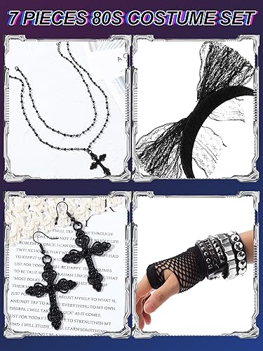 Miniatura 3 de 7 piezas de accesorios de disfraz de los años 80 para mujer, pulsera punk de cuero para Halloween, collar de cruz negra, diadema de encaje, guante