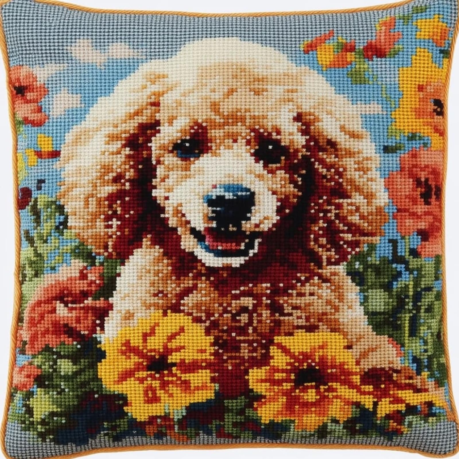 WallustrioaW DIY Needlework Cushion Kit,Shih Tzu in the Flowerbed,Embroidery Pillow Cross Stitch Pillowcase DIY Printed Cross Stitch Pillow Kits,45x45cm