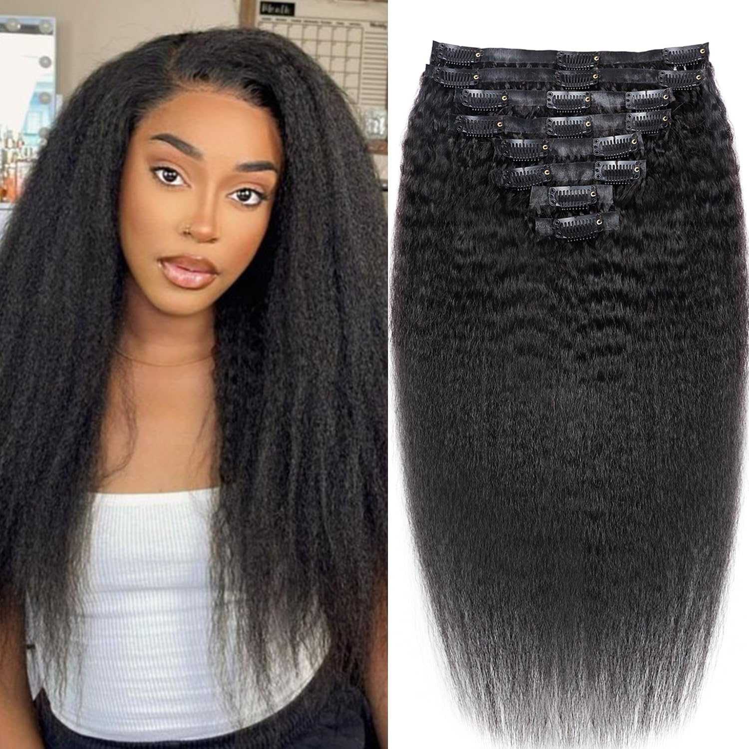 Seamless Clip In Hair Extensions Real Human Hair Invisible PU Skin Weft Kinky Straight Clip Ins Human Hair Extensions 8pcs with 18Clips Per Set 120g(14inch,Natural Black)