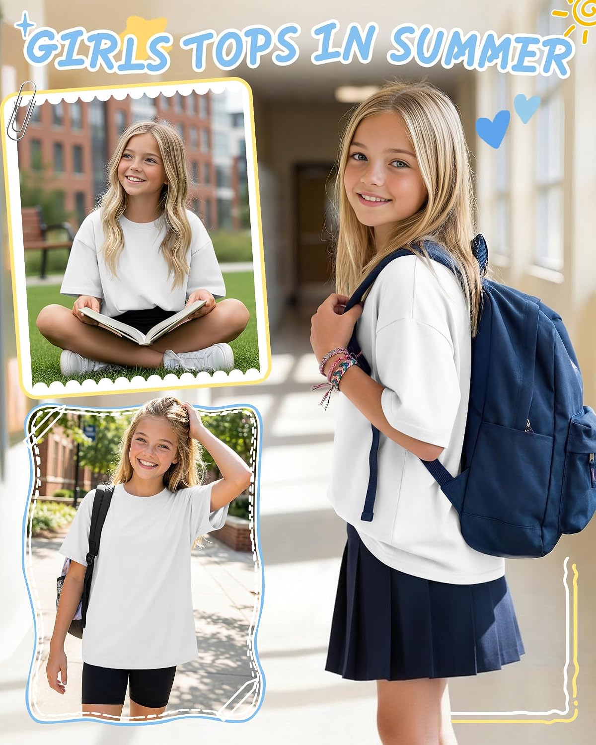 Girls Short Sleeve T Shirts Kids Crew Neck Basic Tees Oversized Baggy Summer Casual Tops 5-14 Years
