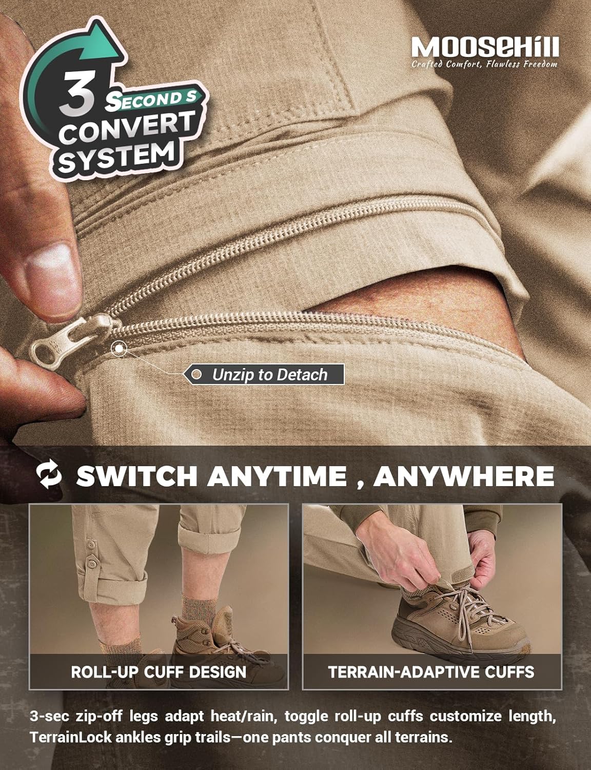 Moosehill Men's-Hiking-Pants Convertible Quick-Dry Water-Resistant Lightweight Zip-Off Outdoor with 5 Deep Pockets - Image 7