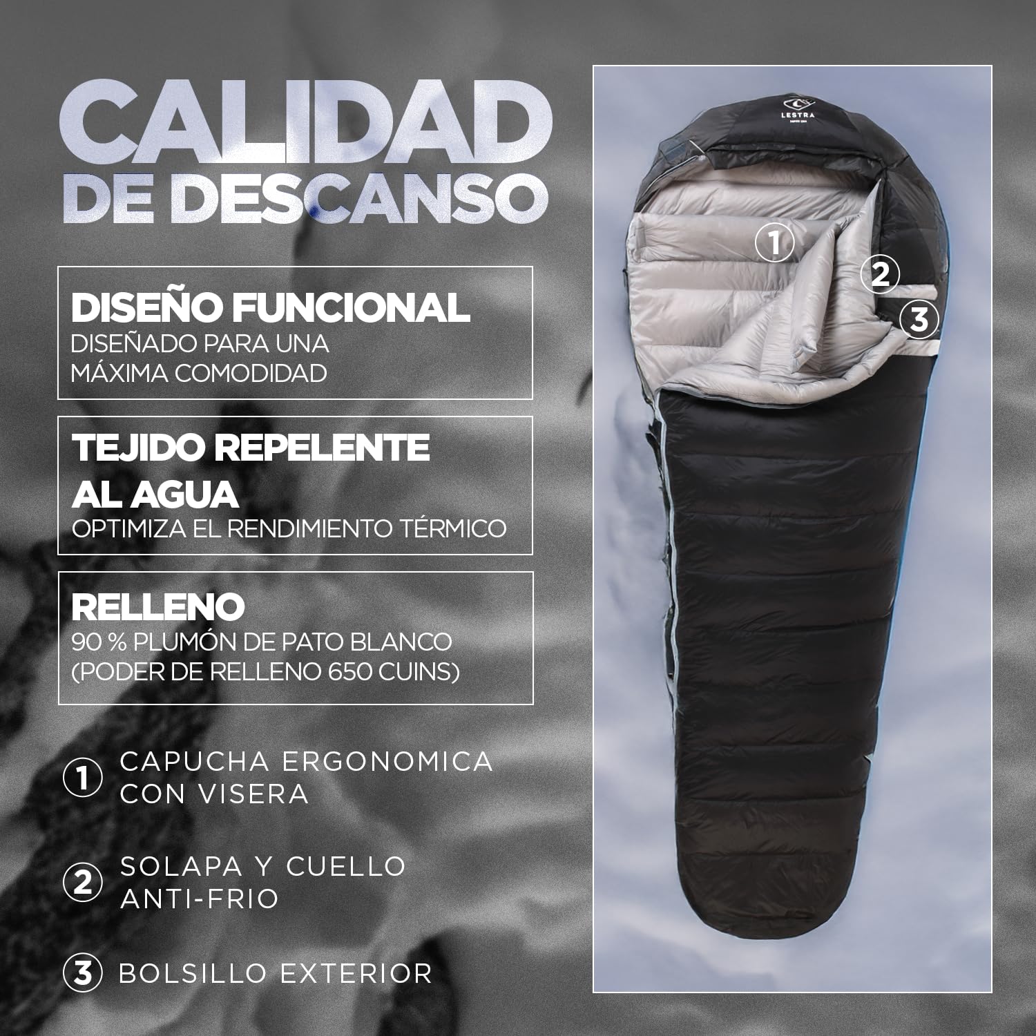 Lestra Sport - Alaska Original - Saco de Dormir Frío Extremo - T° Límite Confort -14 °C - Plumón de Pato - Adulto - 220 x 80 cm - 1,4 kg