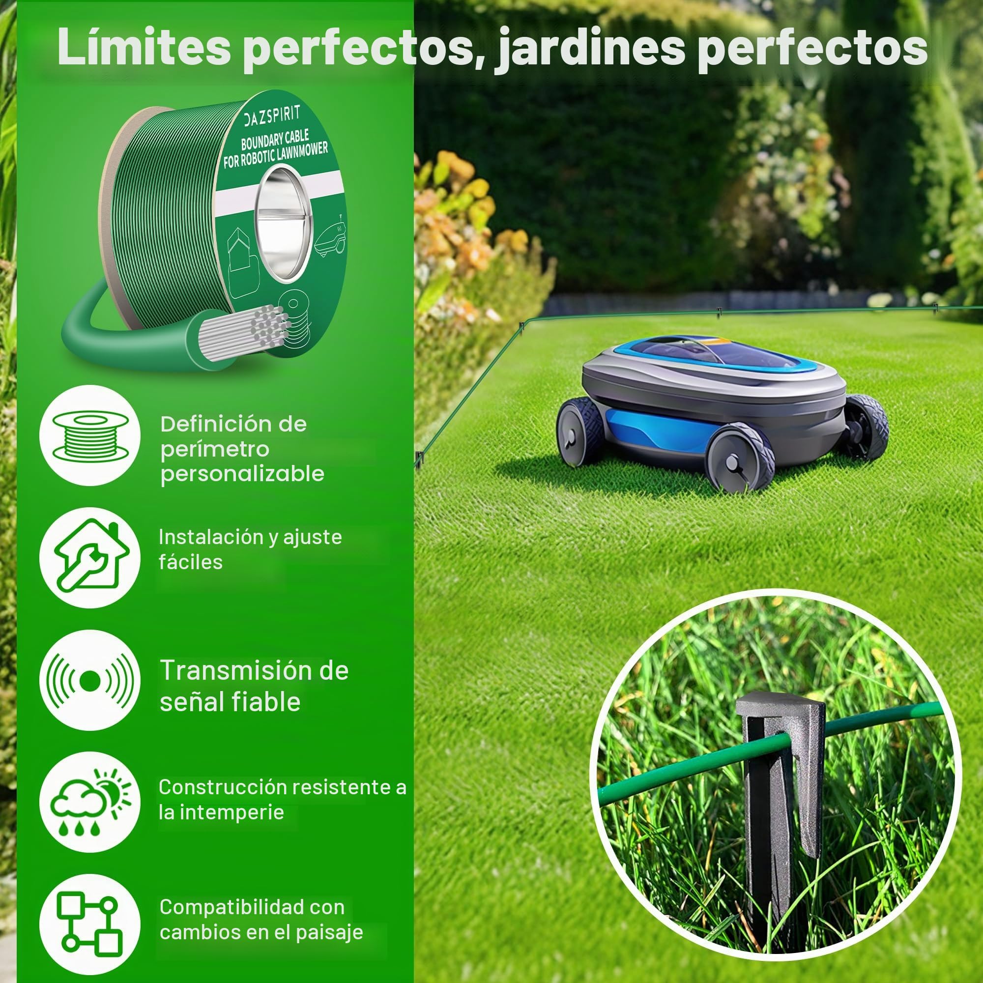 DazSpirit 100m Cable Delimitador para Robot Cortacesped + 50 Clavijas, 10 Conectores Cable, 10 Terminales Conexión, Kit de Accesorios Compatible con Gardena Bosch Husqvarna Worx Honda Robomow USW