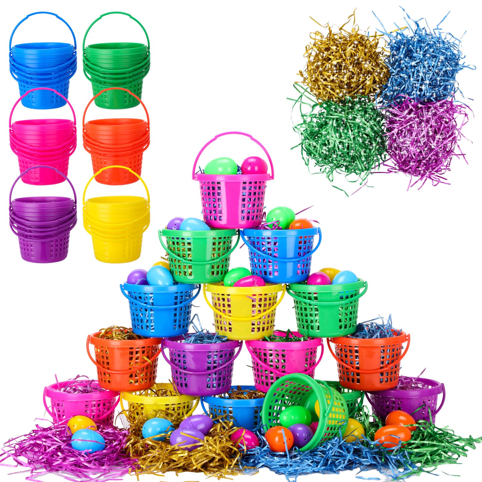 Photo 1 of 12 Pcs Easter Baskets with Handles Bulk and Glitter Easter Grass Stuffers Fillers Plastic Easter Egg Baskets for Kids Party Favor Hunt Game Decoration Spring Gifts, 3.74 x 5.31 Inches