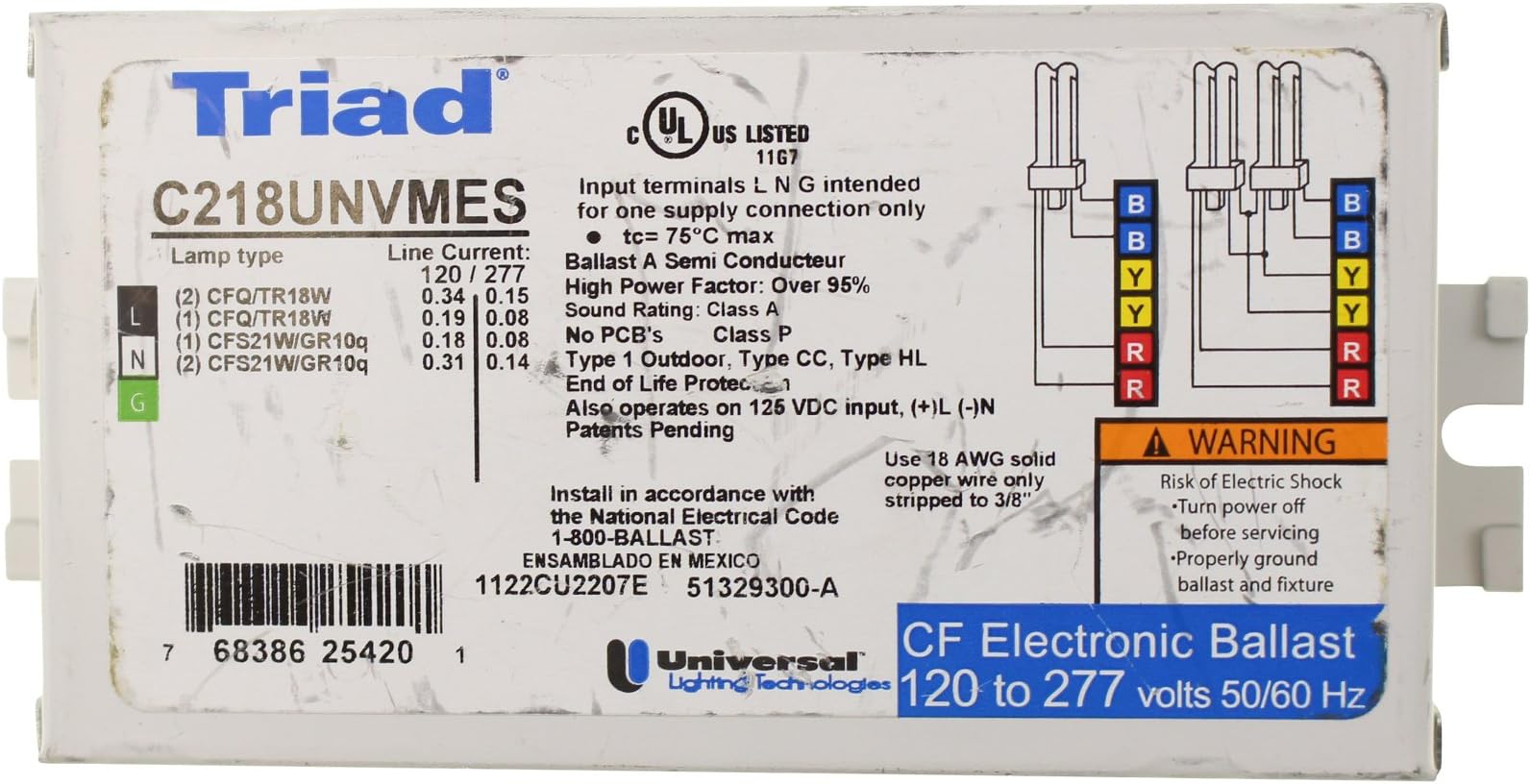 Universal C218UNVMES Compact Fluorescent Ballast, 2 Lamp, 18W CFL, 120/277V