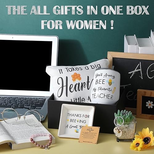 Miniatura 6 de Uiifan Juego de 6 regalos de agradecimiento para maestros con temática de abeja, vaso de abeja, llavero, pulsera, bolsa de maquillaje, plato de