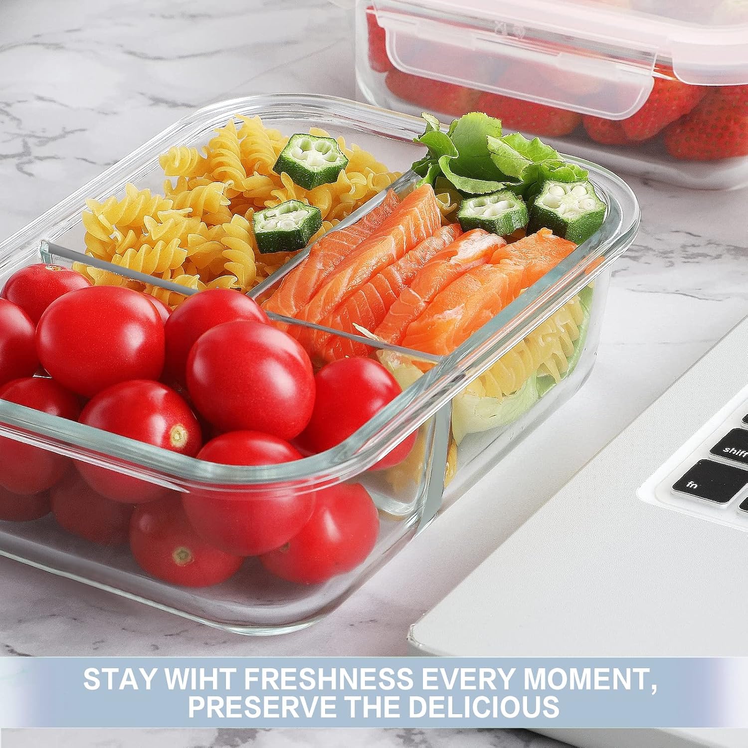 Bayco 8 Pack Glass Meal Prep Containers 3 Compartment, Glass Food Storage Containers with Lids, Airtight Glass Lunch Bento Boxes, BPA-Free & Leak Proof (8 lids & 8 Containers)