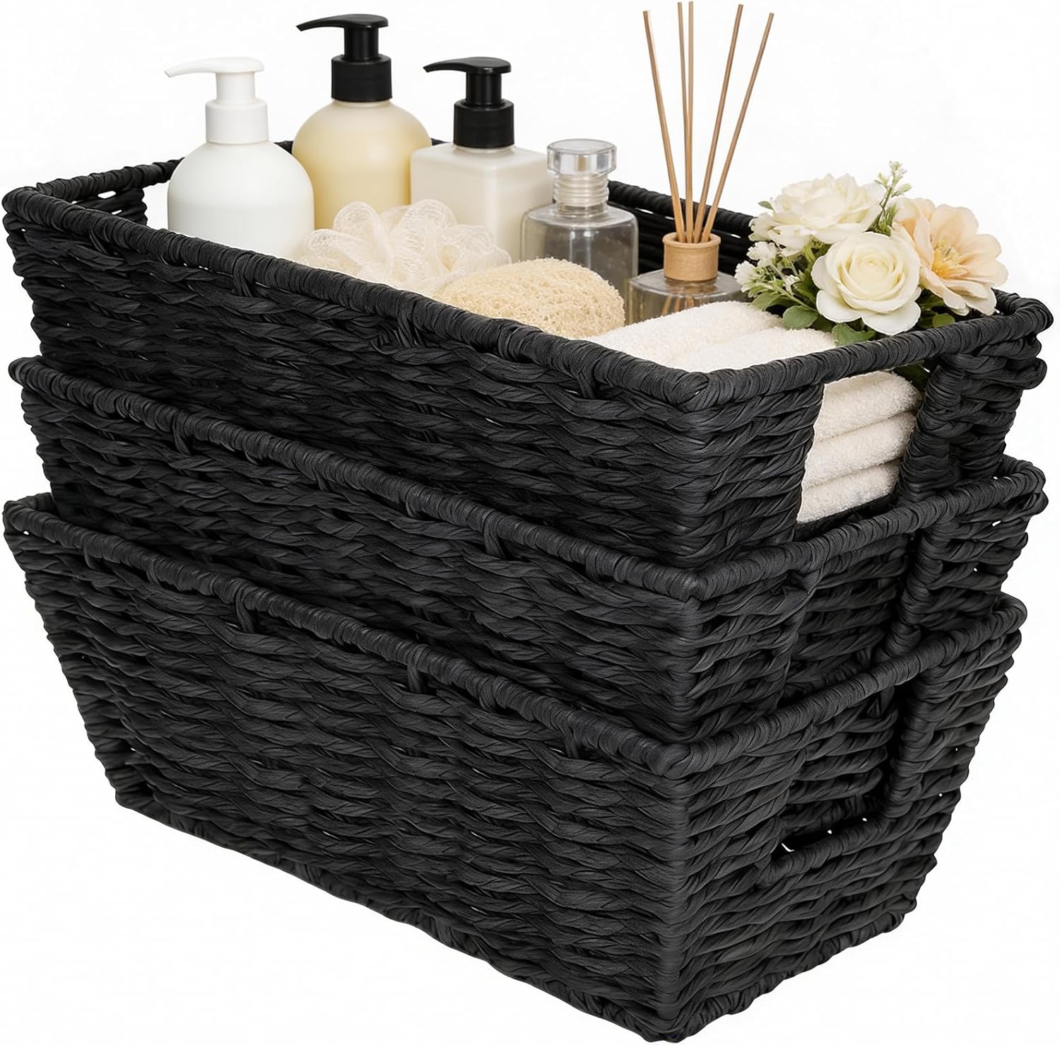 Paper Rope Storage Baskets for Shelves Organizing, Small Hand Woven Wicker Organizer Basket with Handle for Bathroom Toilet Paper Storage, Black, 3-Pack - Image 6