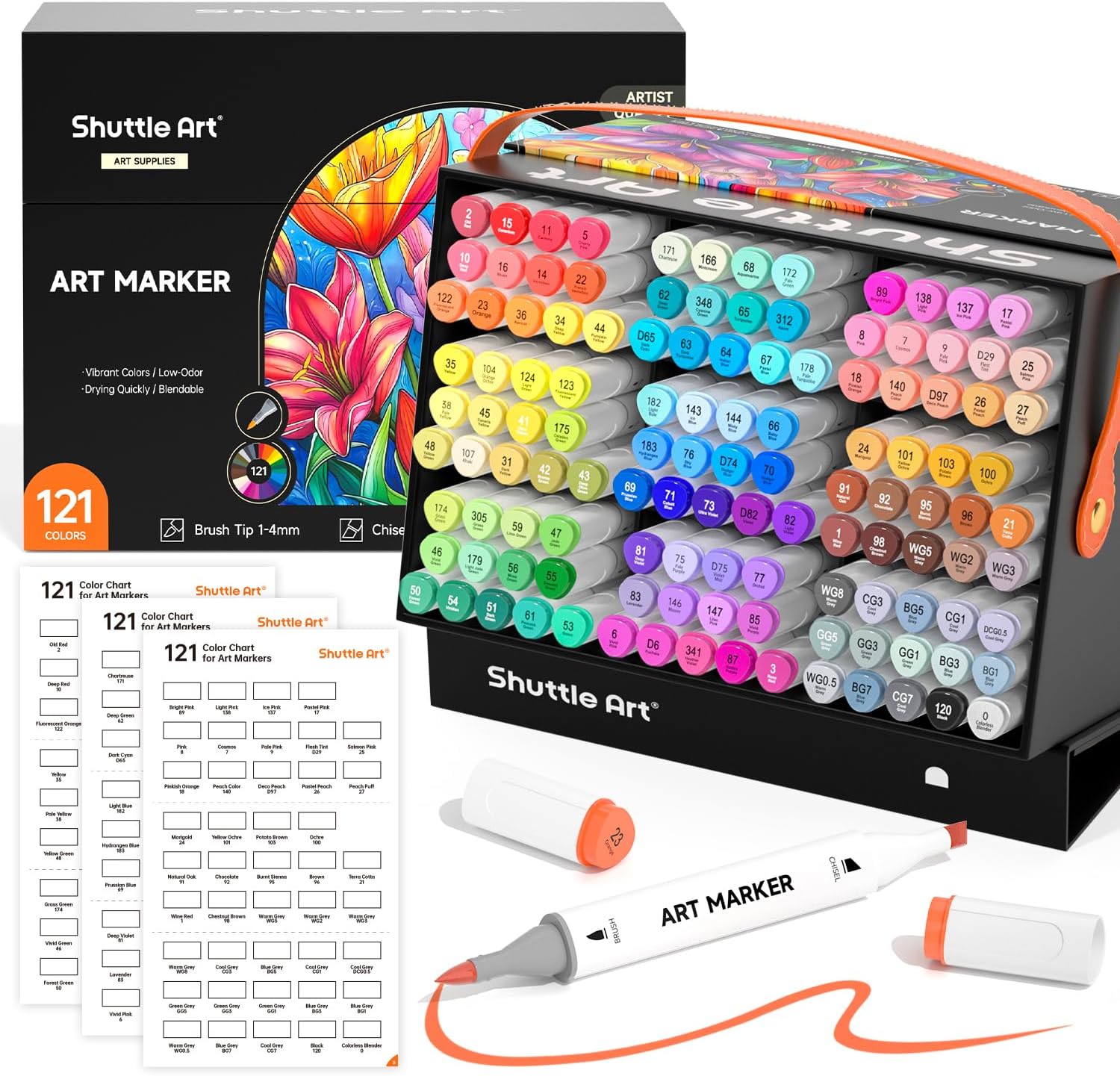 Shuttle Art Brush Tip Alcohol Markers, Dual Tip Brush & Chisel Tip Art Marker Set, 121 Colors Marker Pens with Organized Case Perfect for Illustration Kids Students Adults Coloring Sketching