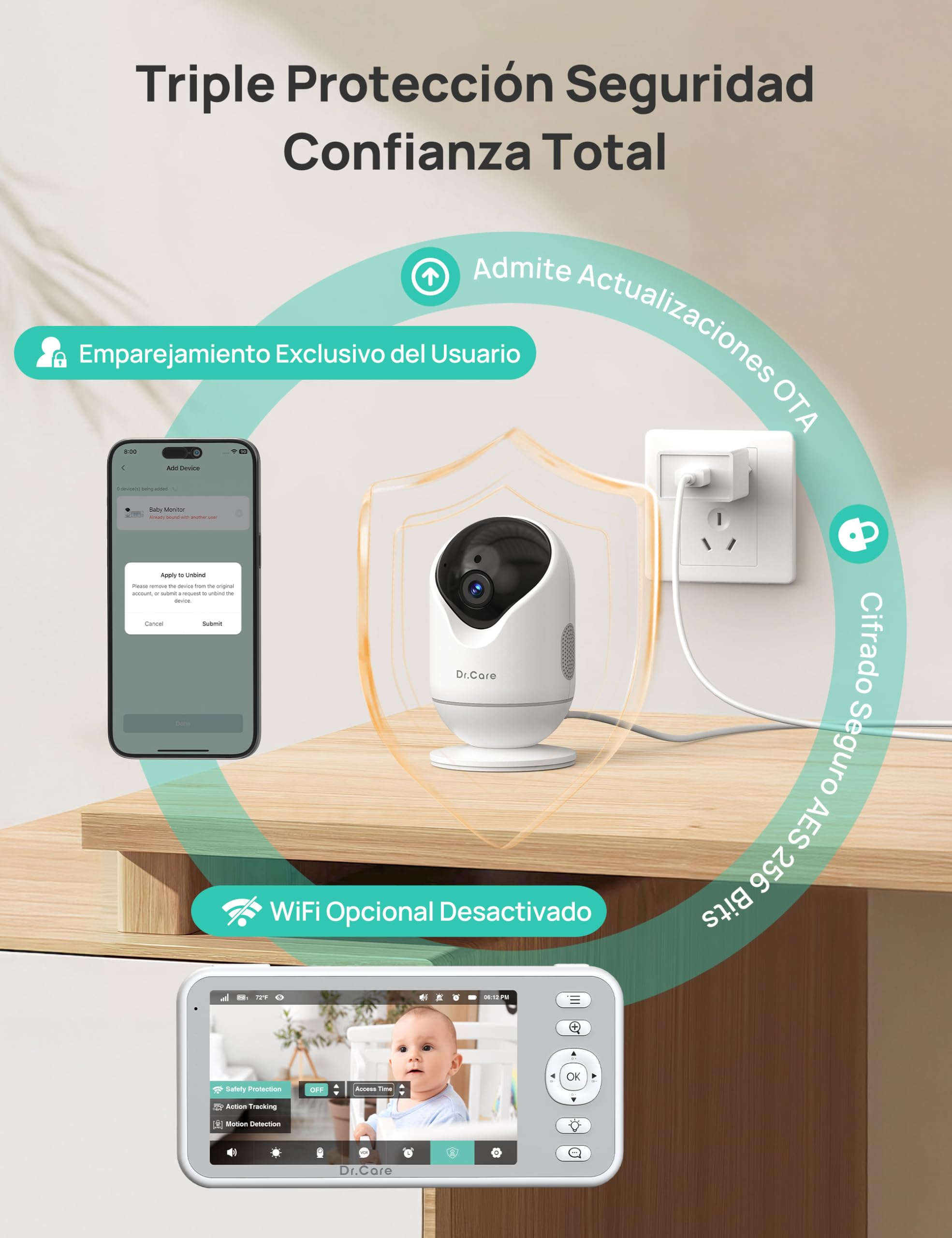 Dr.Care Camara Vigilancia Bebe WiFi 2K, Pantalla 5", App, Soporte con Pinza