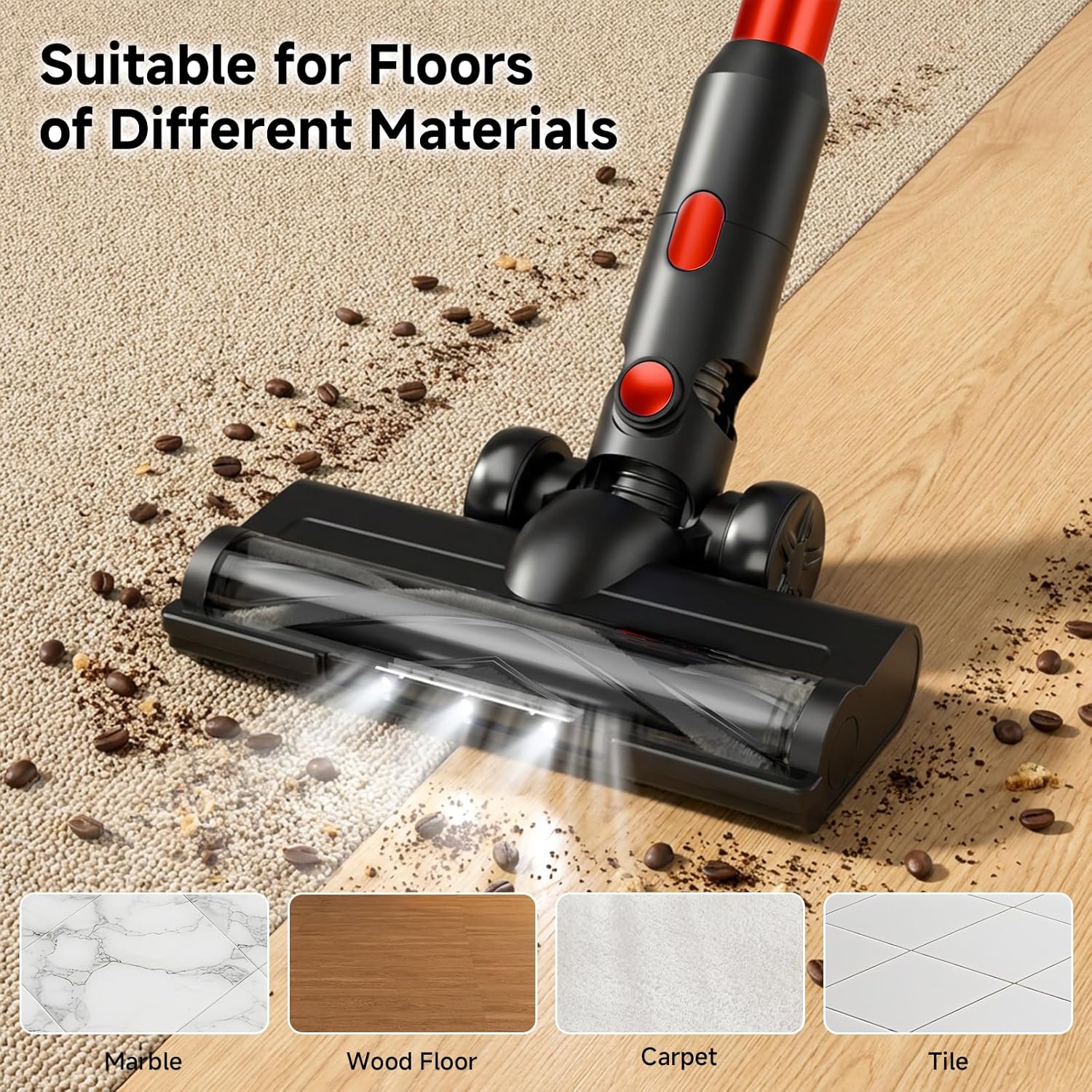 Cordless Vacuum Cleaner for Home - Lightweight, Stick Vacuum Clean with Rechargeable Battery, Max 45Mins Runtime, 8 in 1 Handheld Vacuum for Hardfloor & Carpets Pet Hair, Red&Black