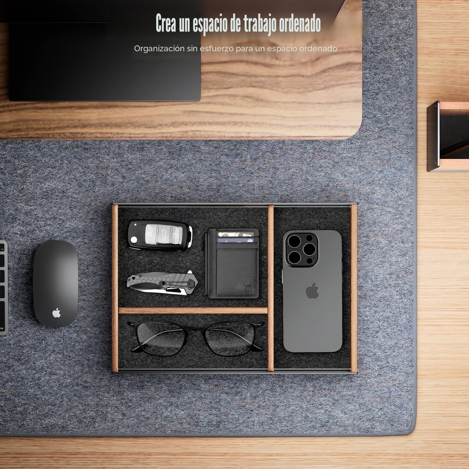 Bandeja organizadora de cajones de escritorio de madera de nogal, bandeja de valet hecha de aluminio y madera, accesorios estéticos de escritorio para oficina, espacio de trabajo, almacenamiento de