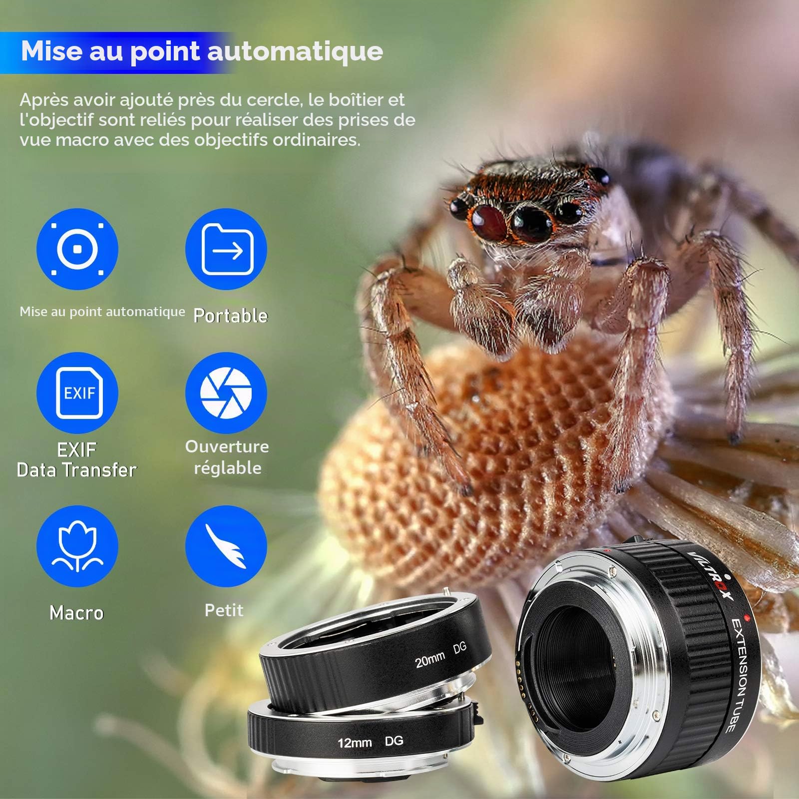 VILTROX DG-C Tube d'Extension Macro à Mise au Point Automatique à Montage en Métal Adaptateur Anneau (12mm + 20mm + 36mm) pour Canon EF EF-S 5D 6D 7D 760D 700D 80D 70D 100D 1300D Appareil Photo