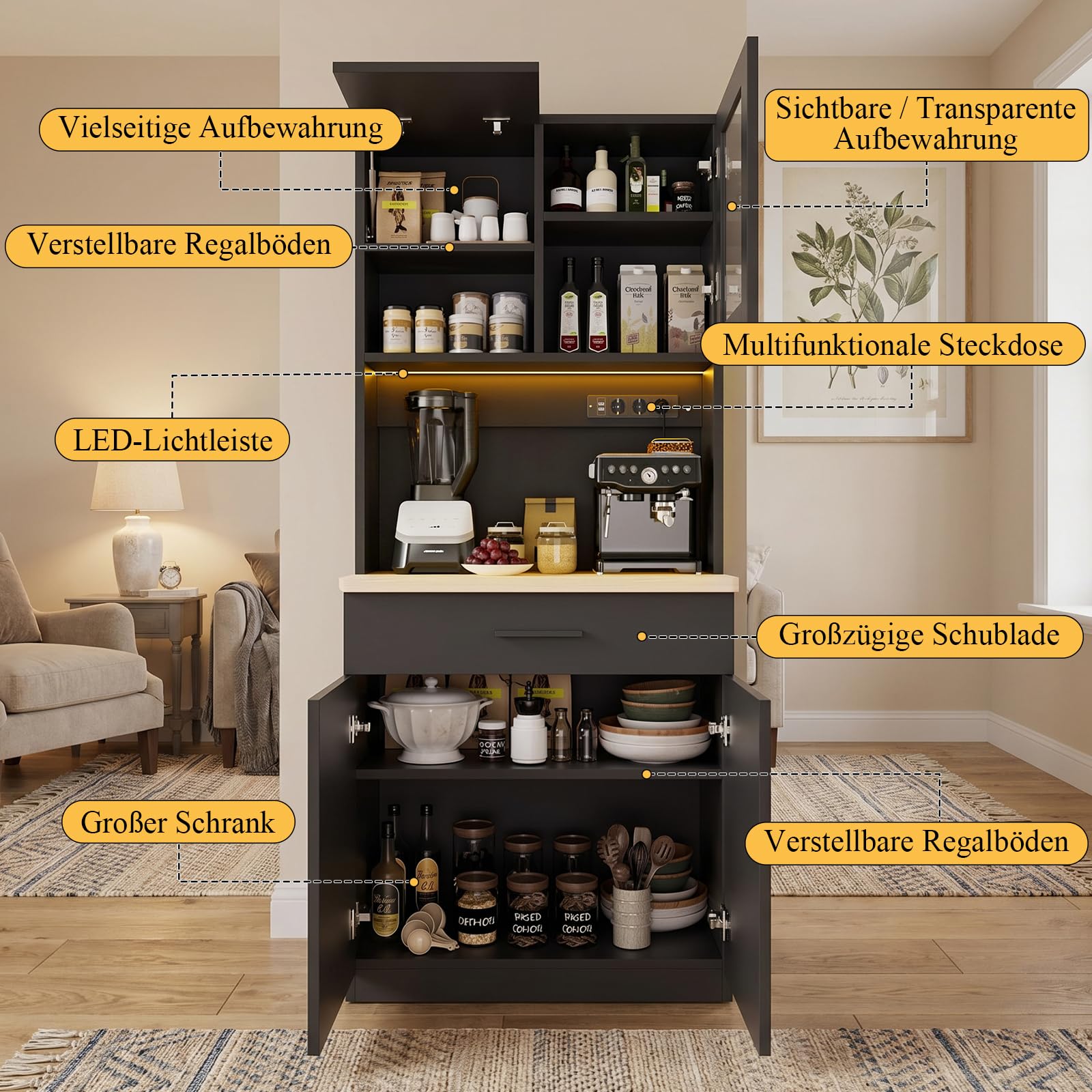 Devoko Küchenschrank mit Arbeitsplatte & Steckdose, Buffetschrank LED Soft-Close, Vorratsschrank Höhenverstellbar Verstärkte Rückwand, Mehrzweckschrank Küche Wohnzimmer, Schwarz