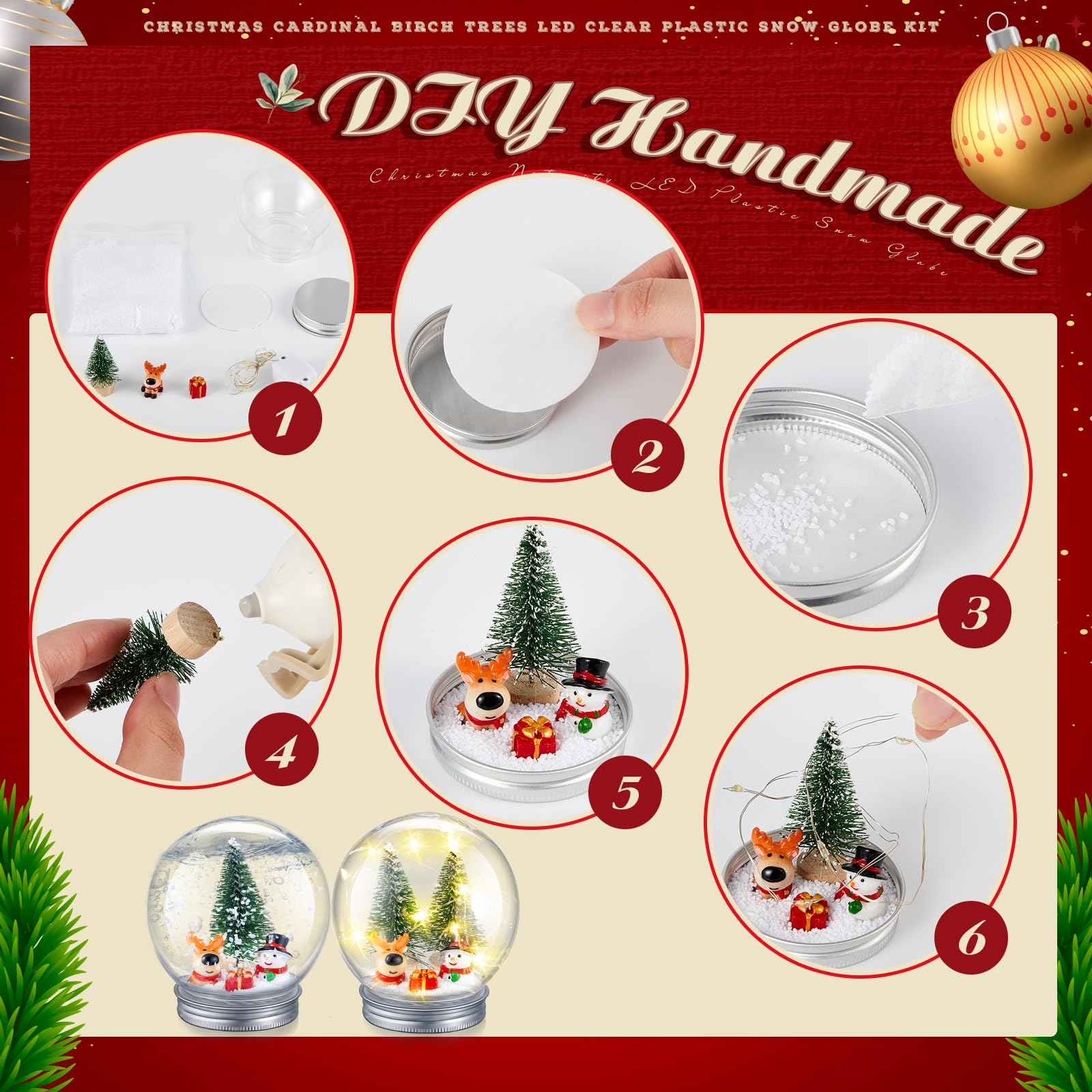 Liliful Lot de 16 boules à neige de Noël à faire soi-même comprenant une boule à neige en plastique LED de 9 cm avec bouchon à visser - Mini arbre de Noël artificiel - Bonhomme de neige, Père Noël