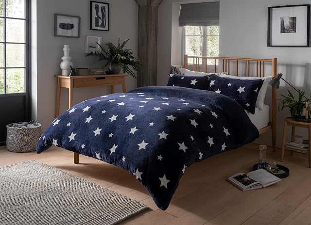 Olivia Rocco Teddy Fleece Duvet Cover Set Printed Super Soft Quilt Sets Check Stars Stag Design Warm Winter Bedding With Sherpa Reverse, Double Stars Navy