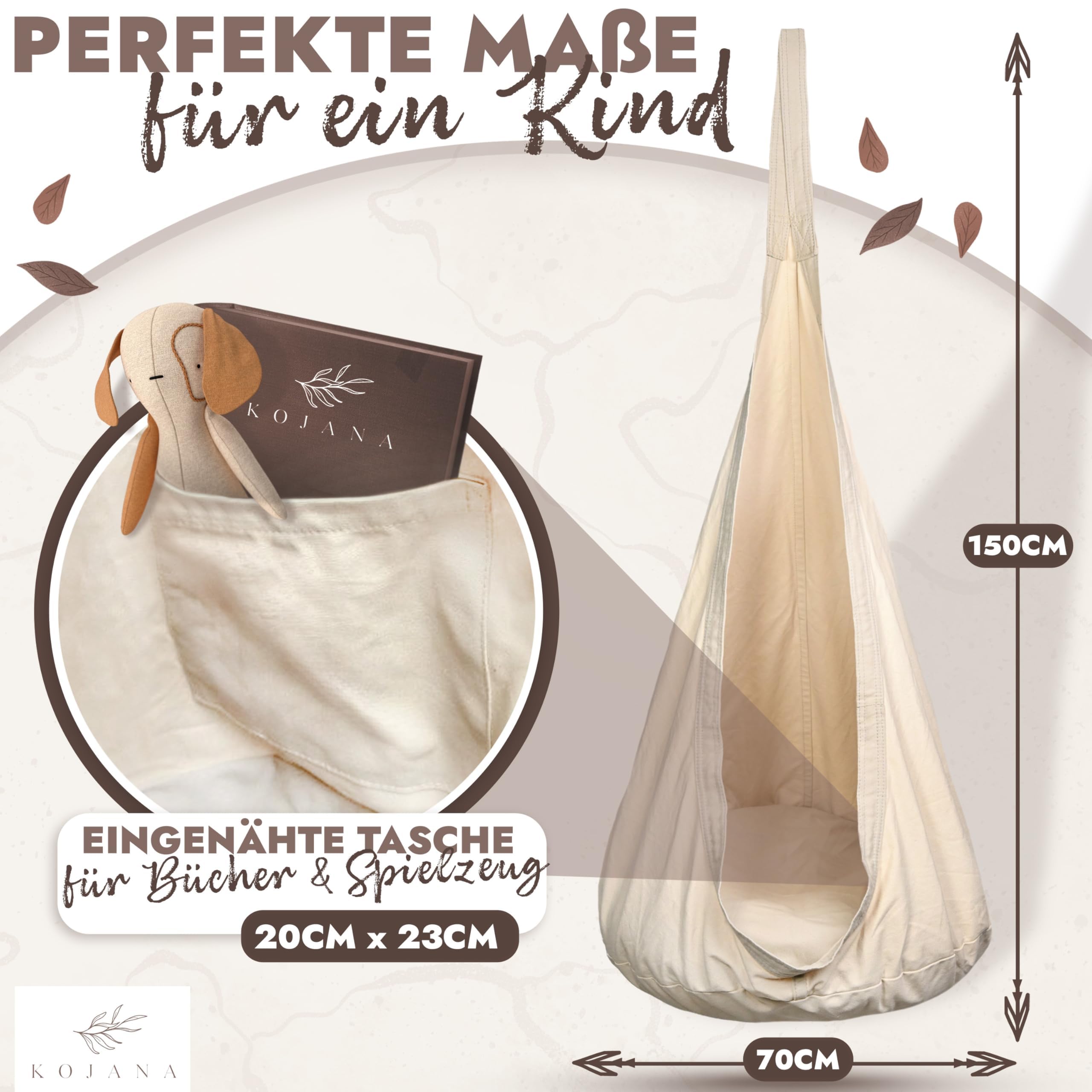 Hängesessel mit Kissen & Innentasche – Weicher textiler Rückzugsort aus 100% Baumwolle- Indoor & Outdoor - 70x150 cm (Beige)