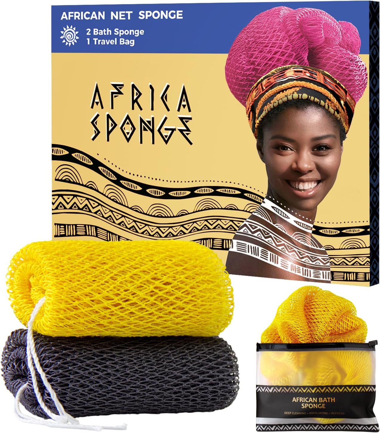 African Net Sponge Authentic - 2 Pieces Exfoliating Body Scrubber Bath Sponge York&Slate - Back Scrubber Washcloth for Shower - Real African Scrub Exfoliator Body Care Bathing Accessorie