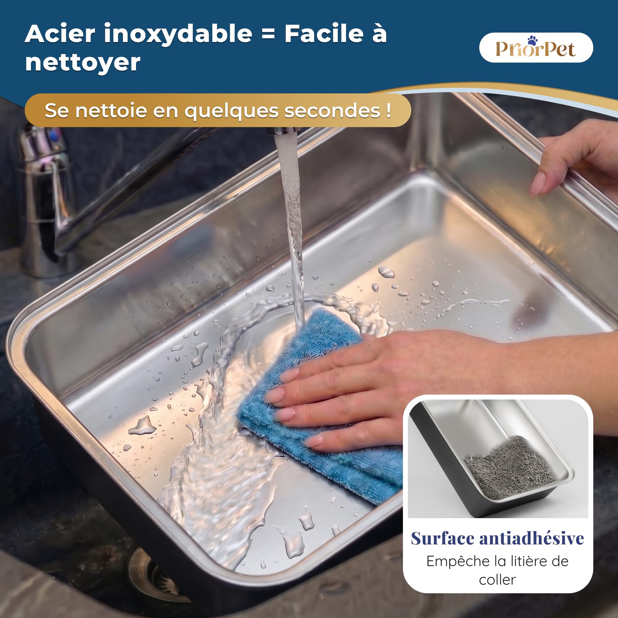Bac à litière Chat INOX XXL Noir Mat – Facile à Nettoyer, Anti-odeurs – Litière avec Bords Hauts, 38L – Anti-Fuite, antiadhésif – avec Pelle et Tapis