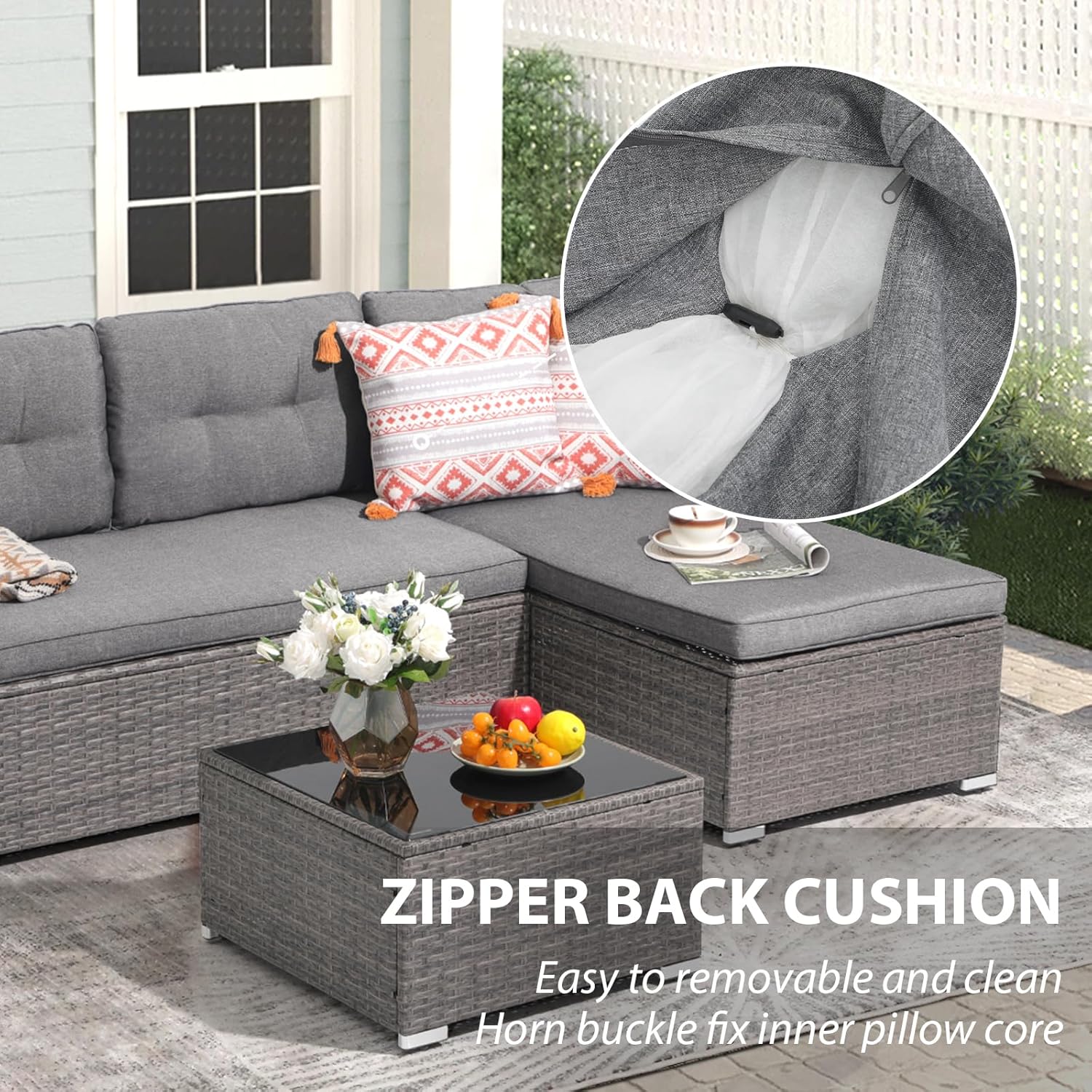 JOIVI 3-Piece Patio Furniture Set, Outdoor Wicker Rattan Sectional Sofa & Patio Couch with Cushions, Tempered Glass Coffee Table, All-Weather Sectional Set for Outdoor Patio, Gray