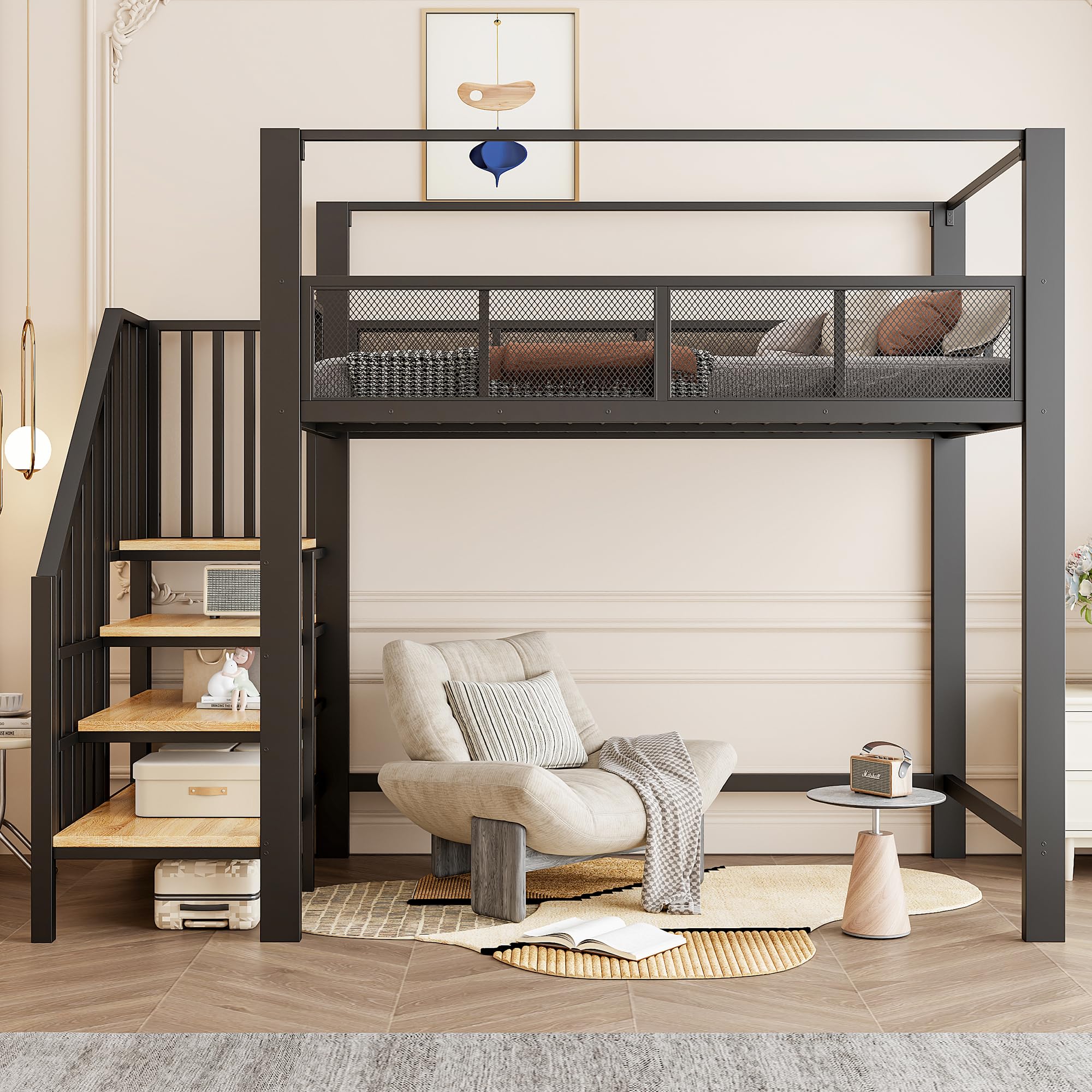 Idemon Letto a soppalco in metallo, 90 x 200 cm, nero, baldacchino, scala di sicurezza, piano di lavoro inferiore, gradini, letto a castello singolo