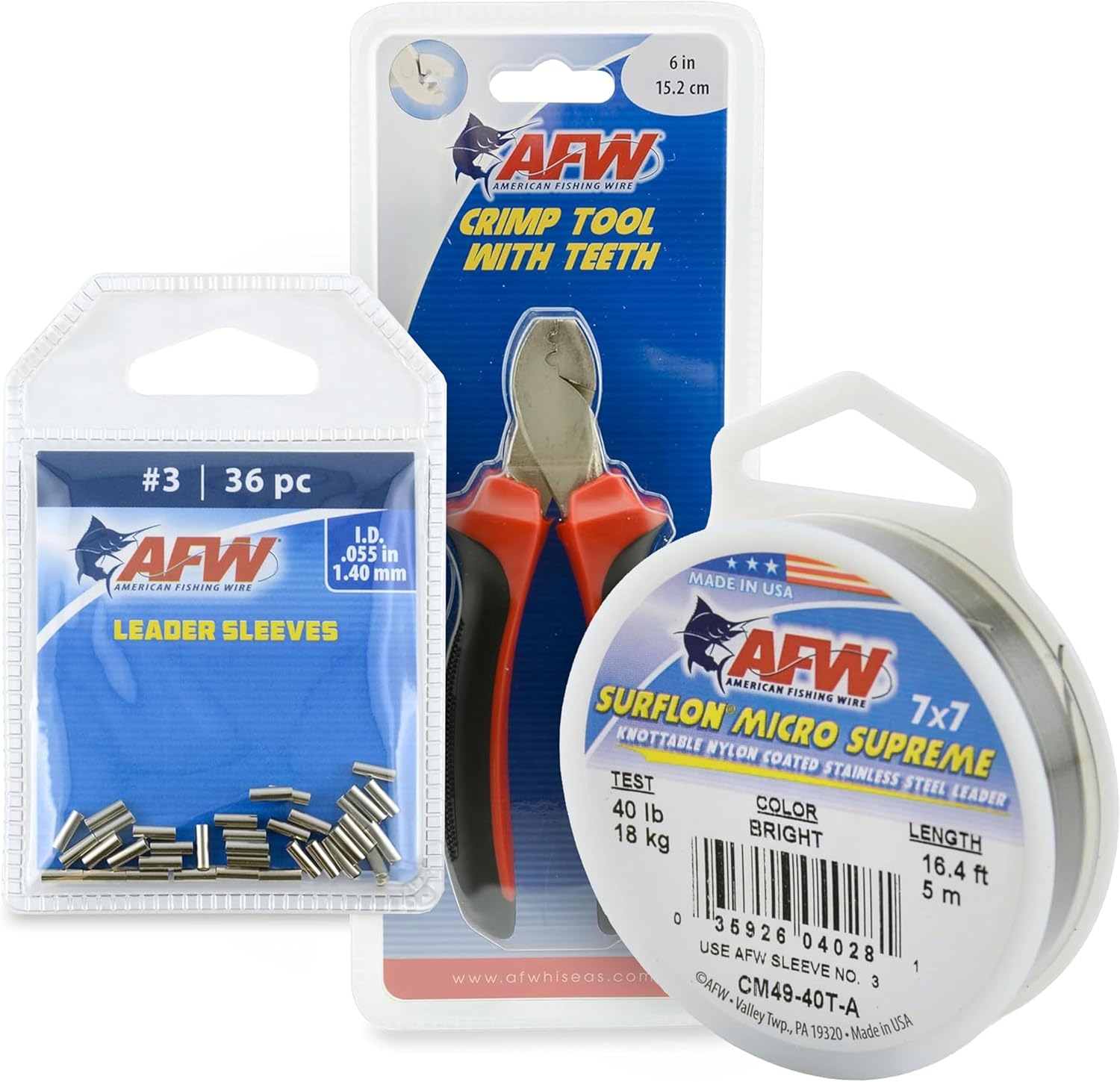 Surflon Micro Supreme, Nylon Coated 7x7 Stainless Steel Leader Wire, 40 lb Test, .024" Diameter, Bright, 5 m and Single Barrel Crimp Sleeves, Size #3/.055", Nickel, 36 pc and Crimper Tool with Teeth