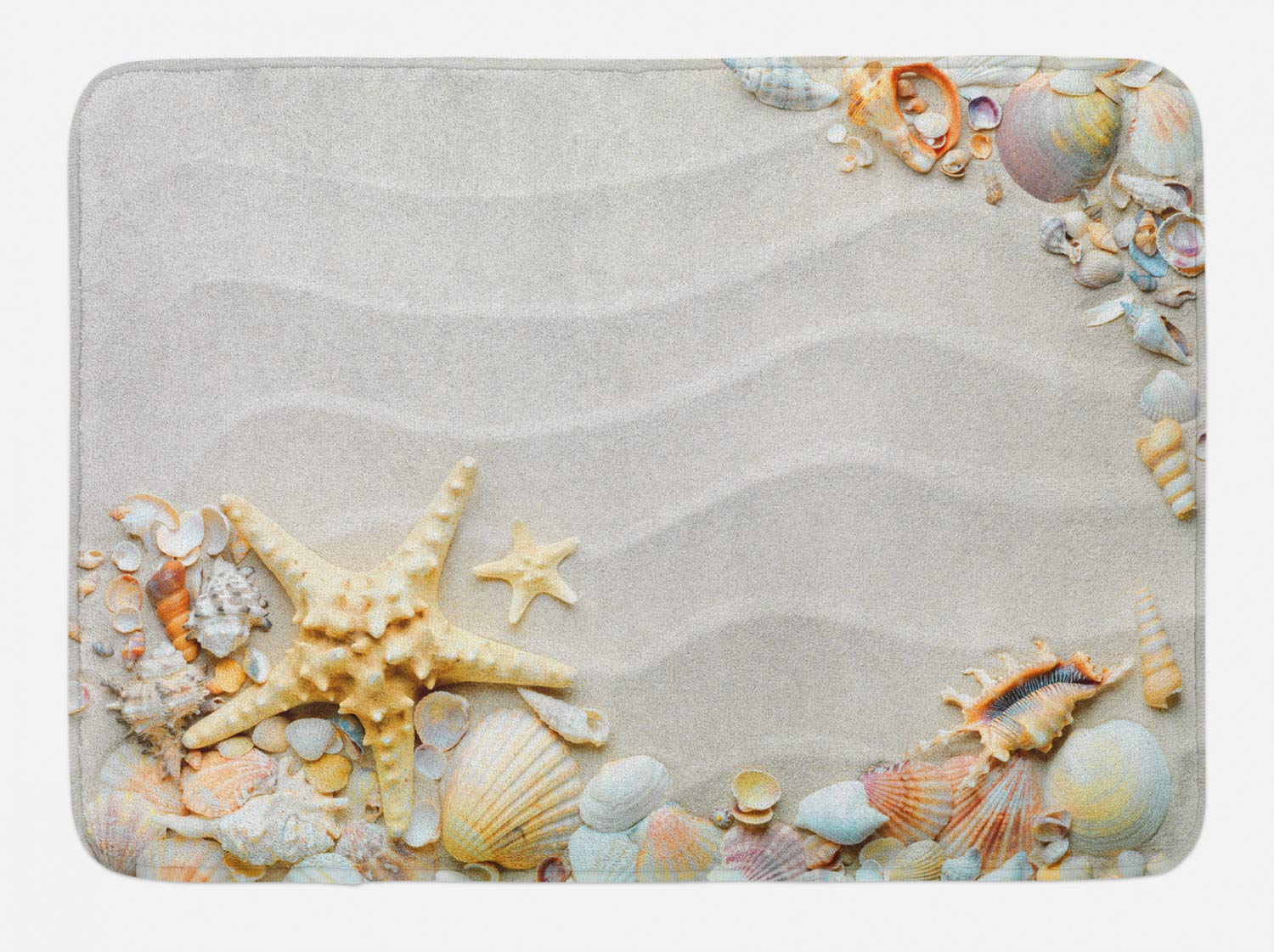 Starfish Bath Mat, Seacoast with Sand with Colorful Various Seashells Tropics Aquatic Wildlife Theme, Plush Bathroom Decor Mat with Non Slip Backing