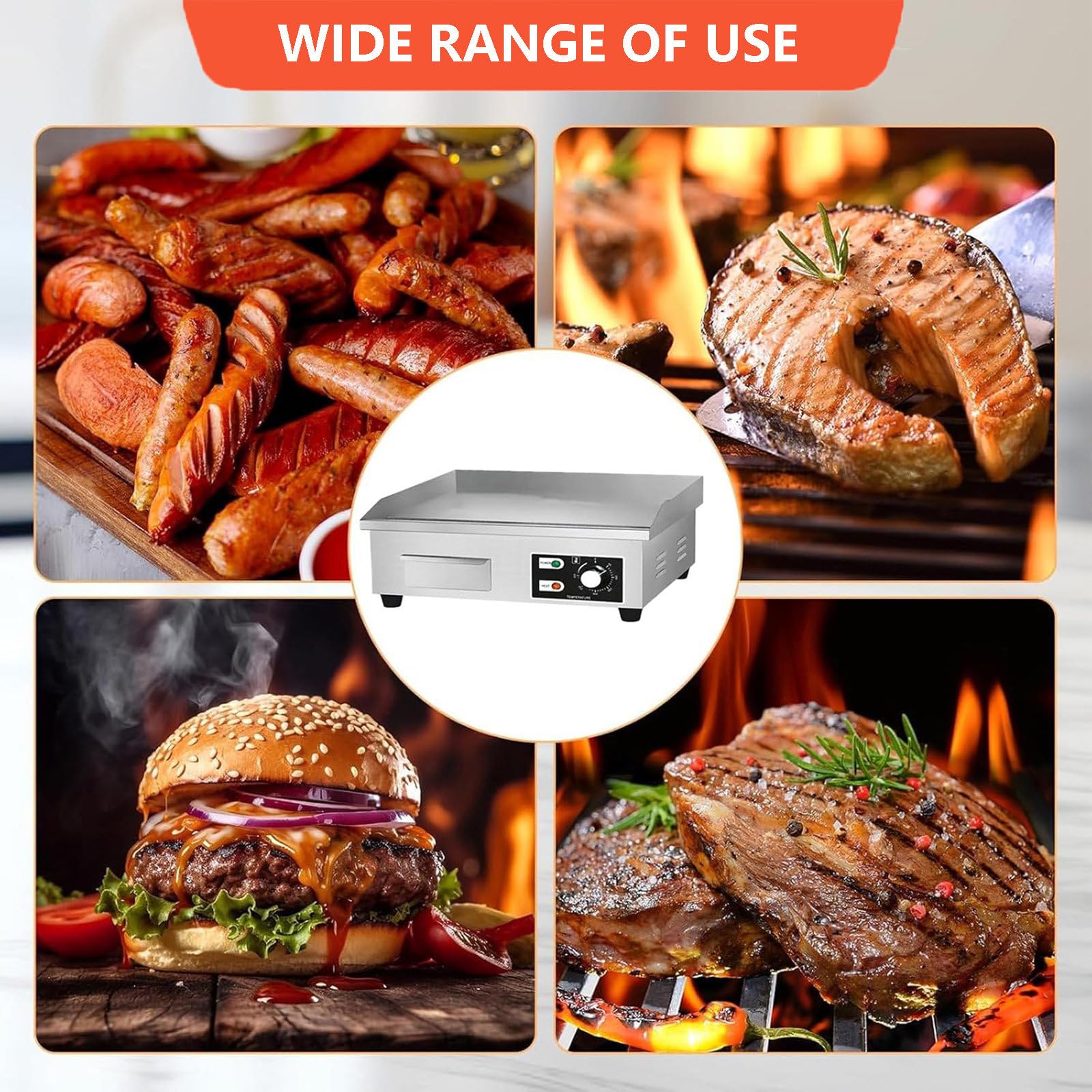 Piastra elettrica Commerciale 50℃-300℃ Piano Cottura Elettrico/Piastra da banco in Acciaio Inox con Controllo della Temperatura/Piastra Piana da Cucina per friggere Pancetta e Bistecca,2500W