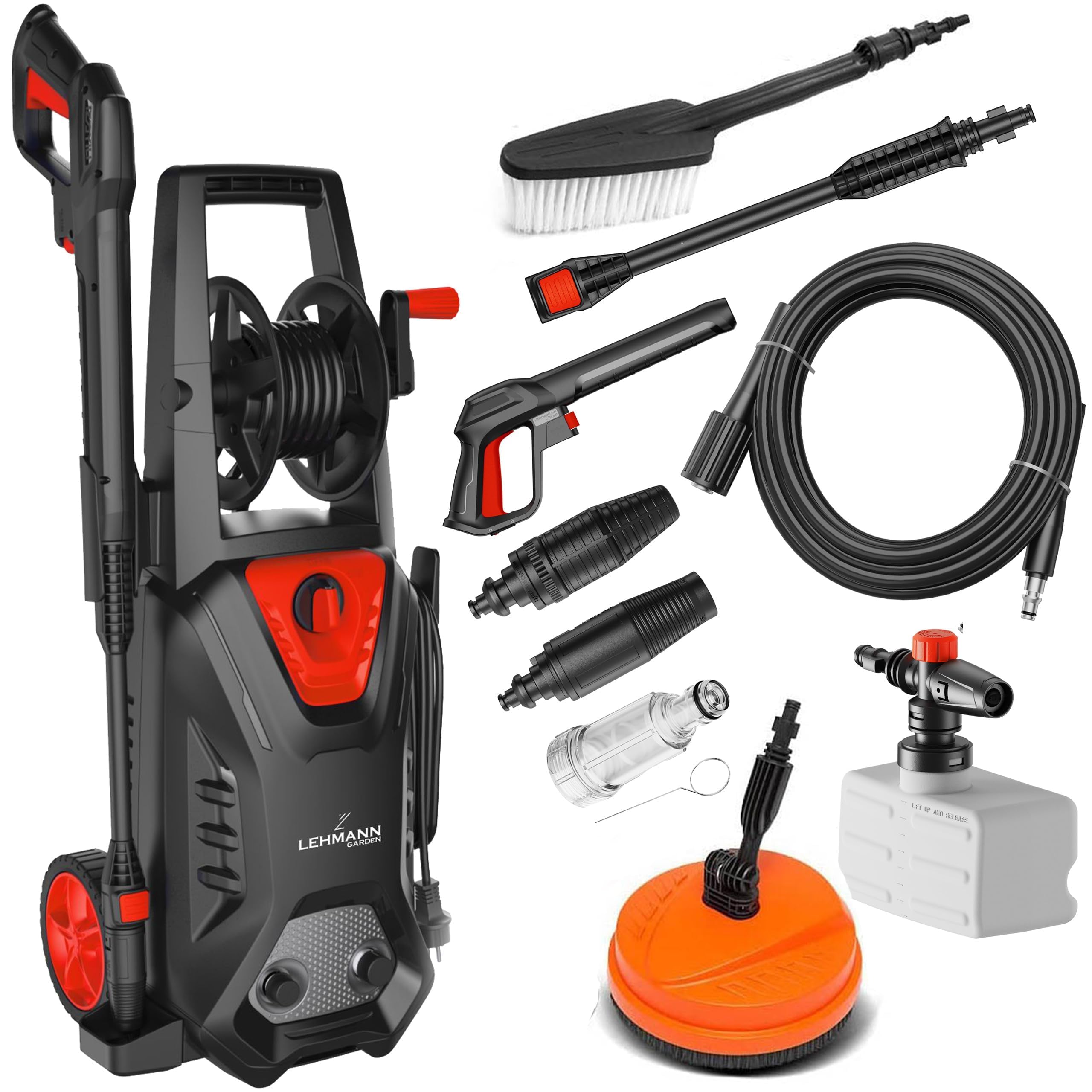 Lehmann Hudson Hidrolimpiadora de Alta Presion, 1800 W, Presión Máxima 220 Bar, Capacidad de Extracción de 450 l/h, Juego de Accesorios - Cepillo para Patios, Lanza Espumante, Cepillo para Llantas