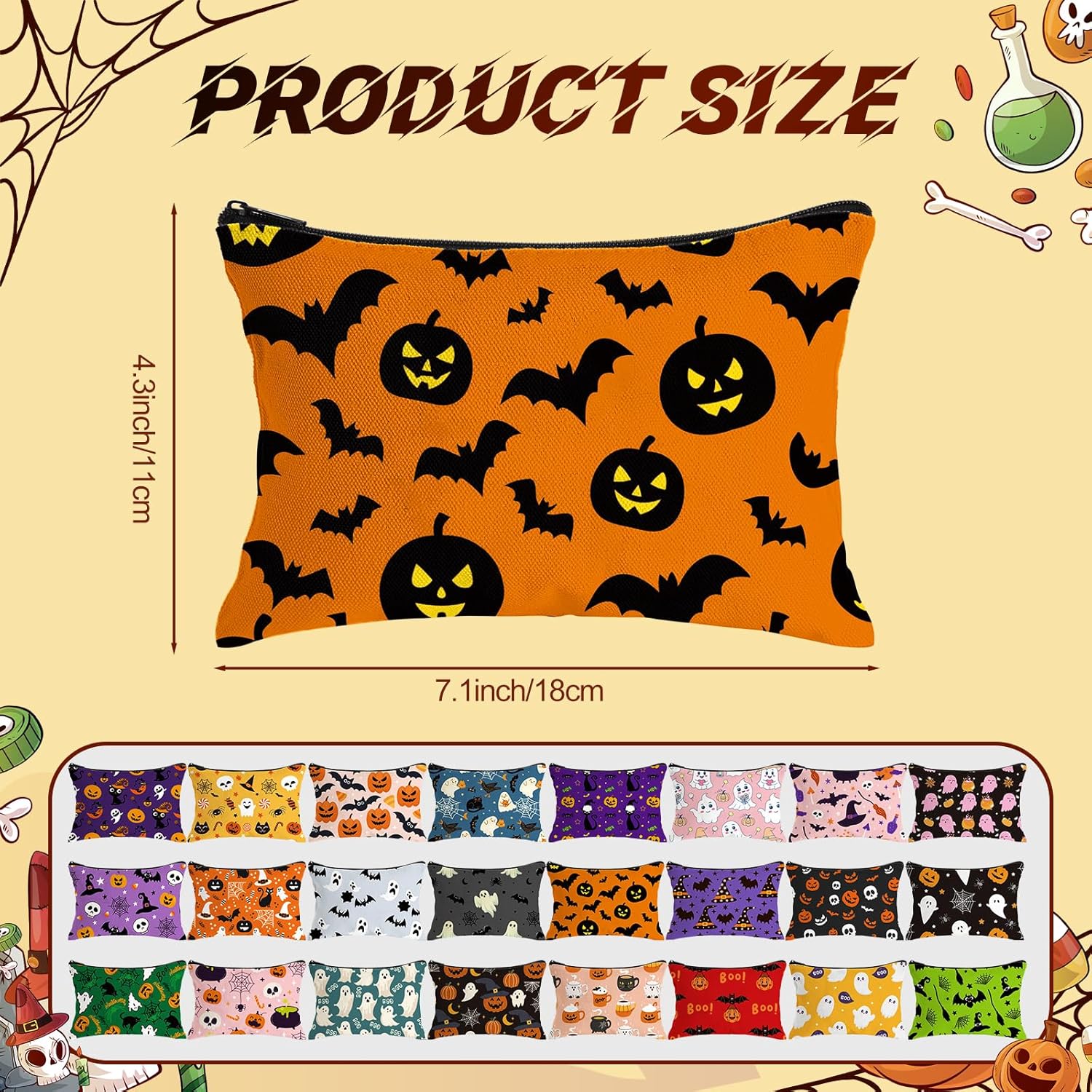 Meanplan 24 Pcs Halloween Makeup Bags Bulk Spooky Cosmetic Bags Horror Storage Zipper Pouch Pumpkin Bat Ghost Portable Travel Purse Toiletry Pocket Organizer for Party Favor Gift (Halloween)