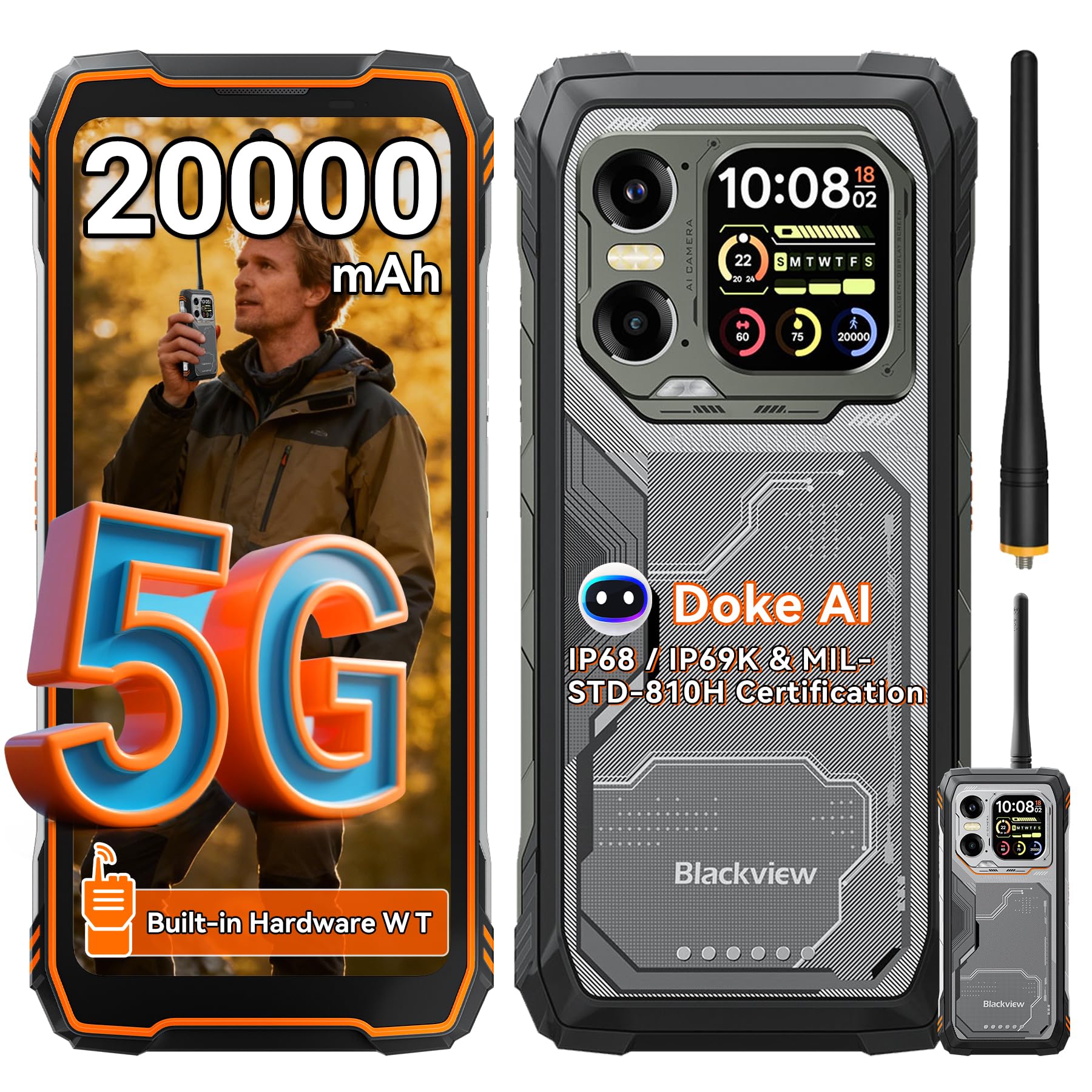 Blackview XPLORE 1WT Rugged Smartphone 5G, 20000mAh Rugged Smartphone, 36GB+256GB, 6.78" FHD+ & 2.01" 120Hz Android 15, IP69K, 64MP+50MP+20MP, NFC/OTG/GPS/AI