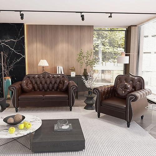 Miniatura 22 de AVZEAR 82" Sofá de tres plazas de cuero, sofá Chesterfield, sofá tapizado en PU de estilo moderno de mediados de siglo, sofá de sala de estar con