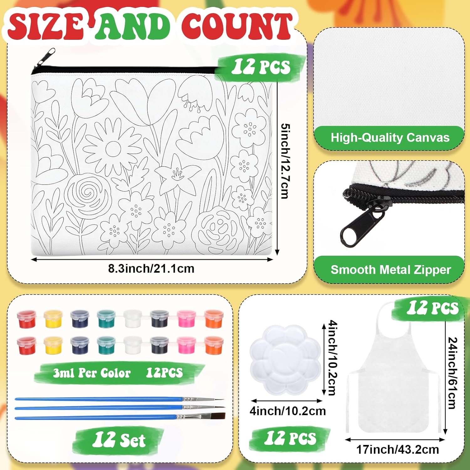 Locmeo 12 Set Pre Drawn Canvas Make Up Bags Set Paint and Sip Kit for Adults Painting DIY Zipper Makeup Bags Making Kit with Paintbrushes, Paints, Apron, Palette for Painting Party Women(Flower)