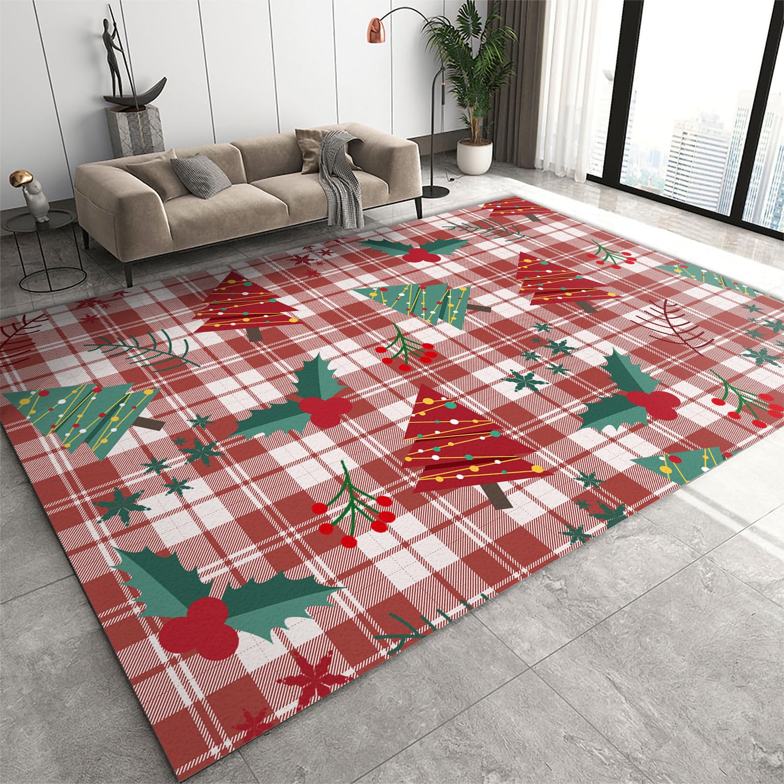 Area Rug 150x180cm Christmas Tree Rug, Classic Christmas Red Checkered Holly Fruit Print Rugs, Aesthetic Bedroom Accent Rug Machine Washable Non Slip Low Pile Non Shedding for Hallway Apartment Camper