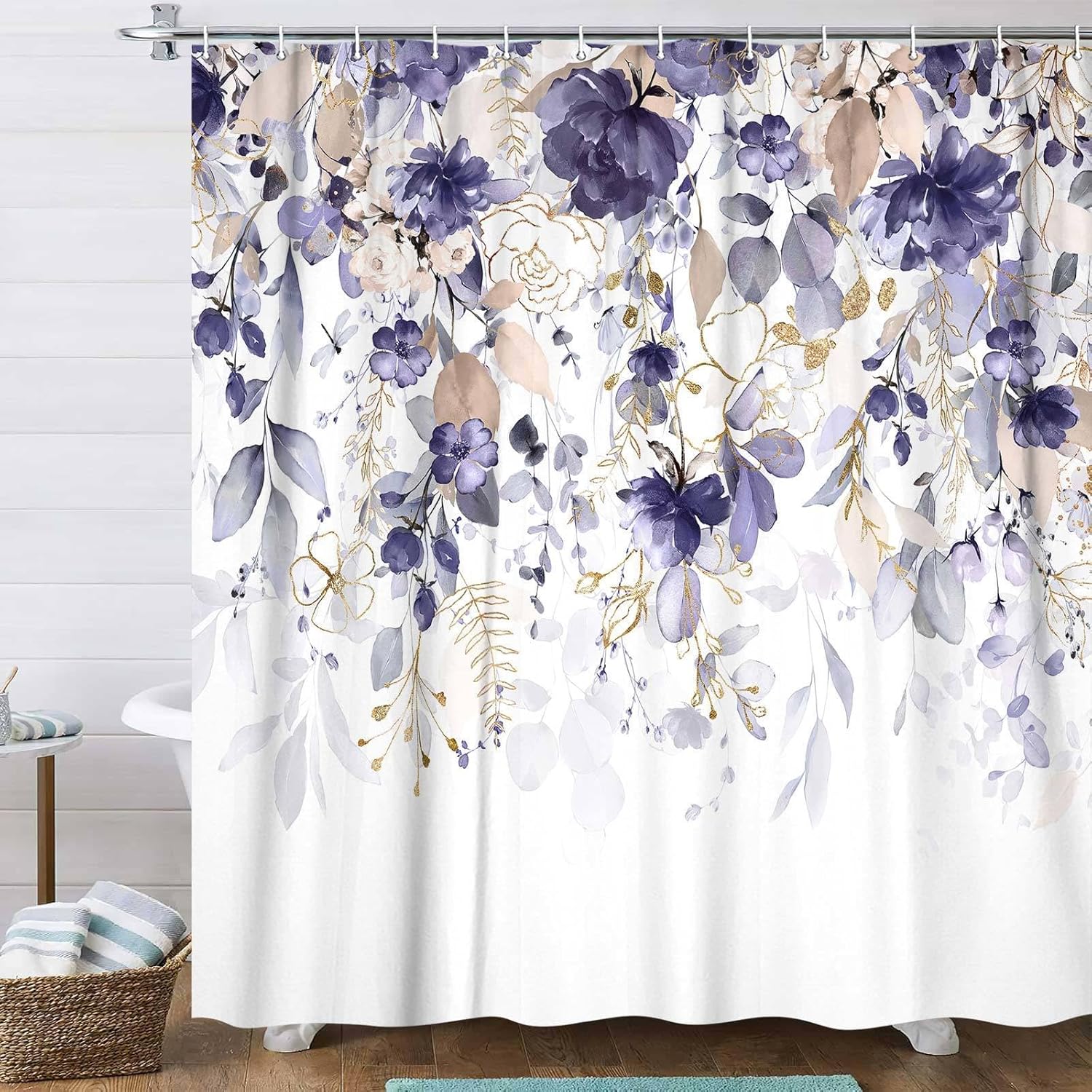 Purple Grey Floral Shower Curtain, Cute Flower Botanical Pastel Watercolor Spring Plant Shower Curtain Eucalyptus Leaf Girly Rustic Country Bathroom Accessories Set with Hooks, 72X84 Inches, Floral6