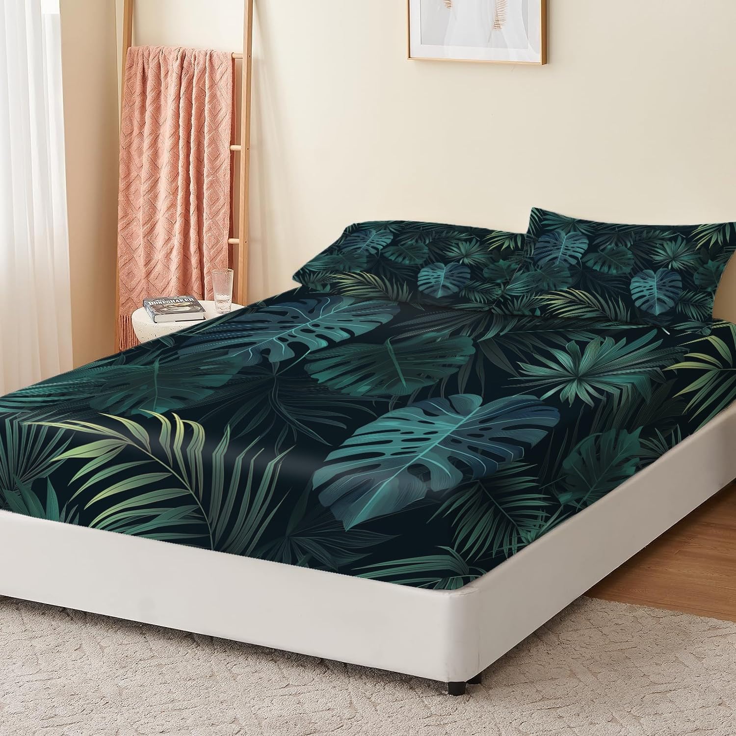 Lenzuolo con angoli con foglie tropicali, facile da pulire, in morbida microfibra spazzolata, 160 x 200 + 30 cm, lavabile in lavatrice, 30 cm, con angoli profondi.